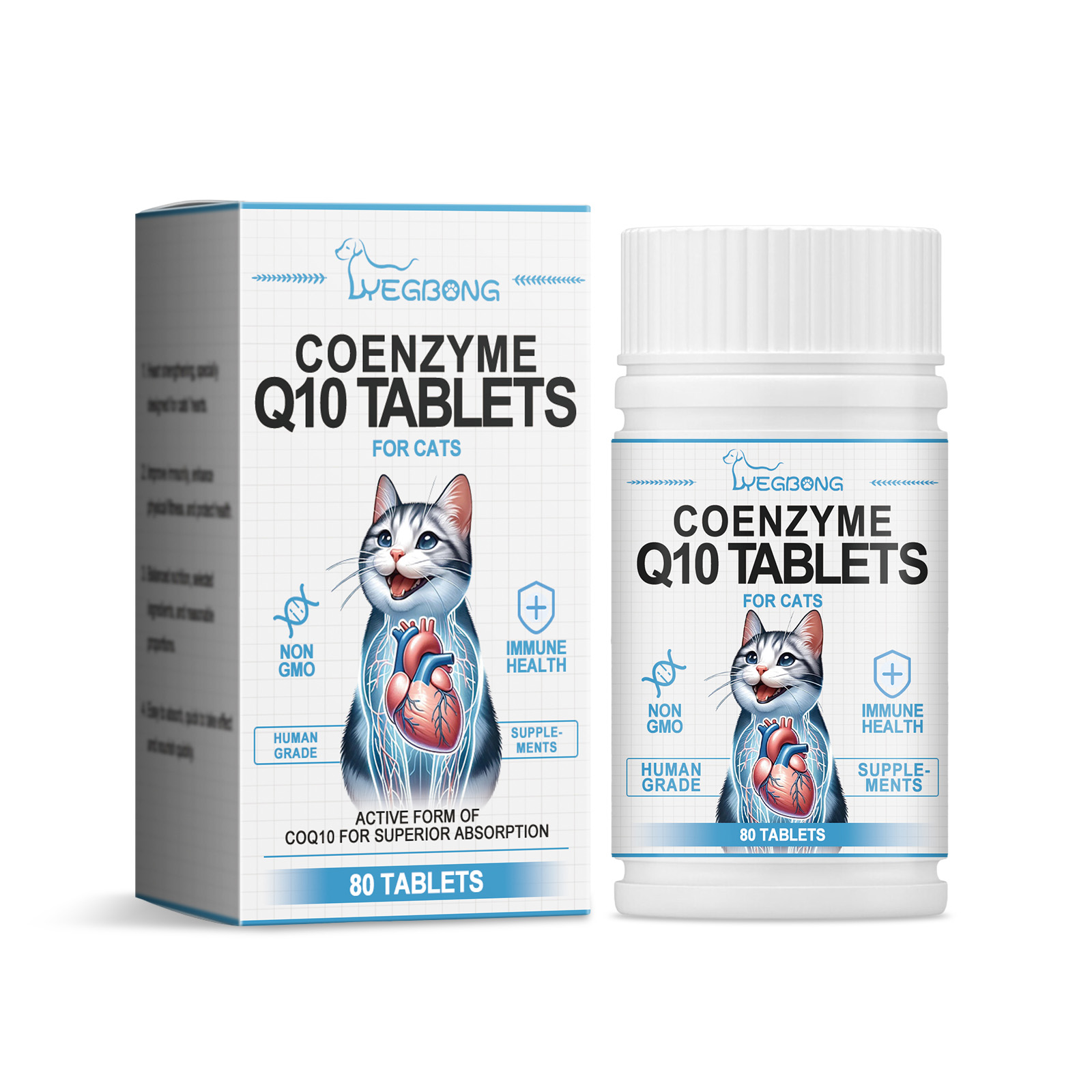 Cat-specific CoQ10 supplement bottle and carton
