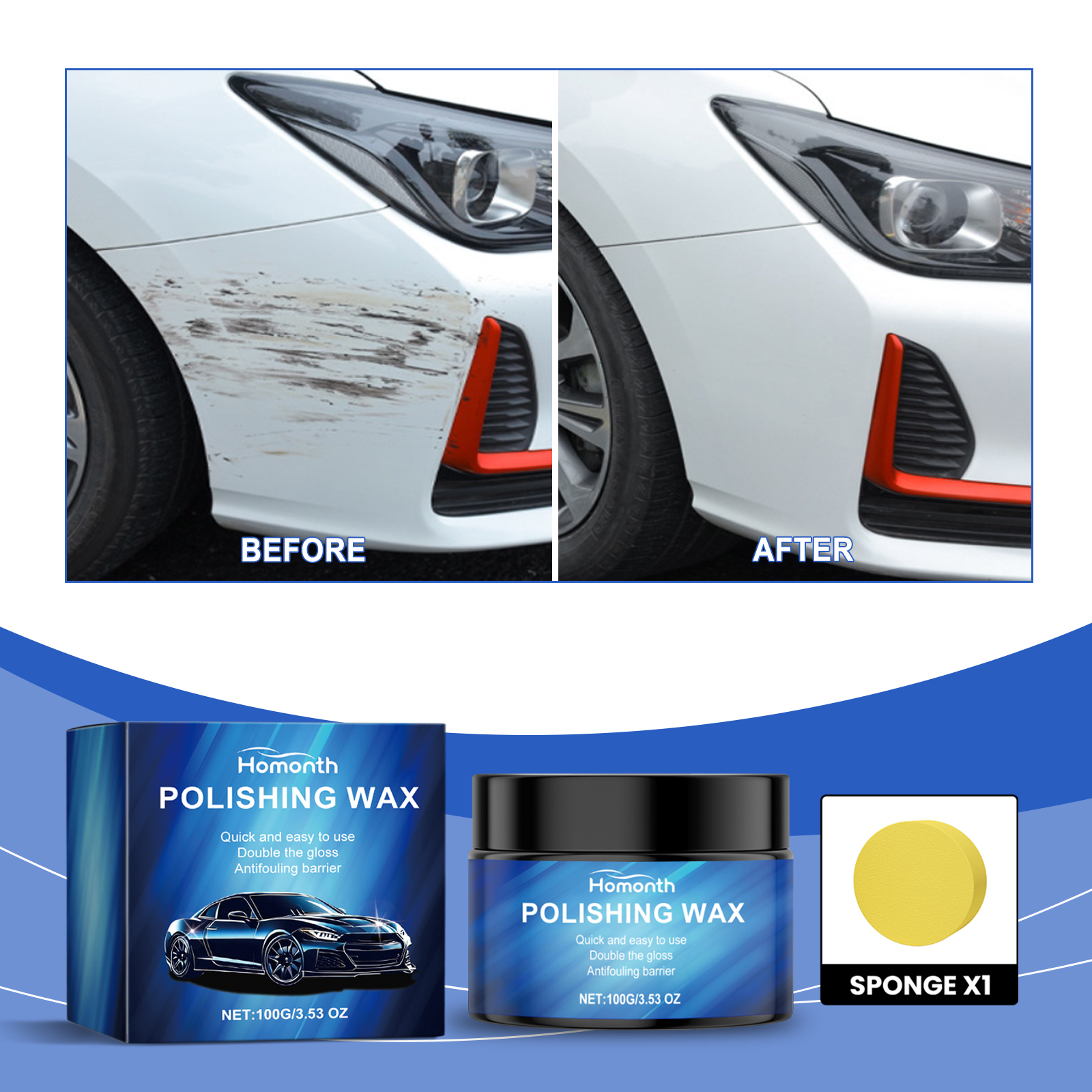 Before and after white car panel with scuff removal