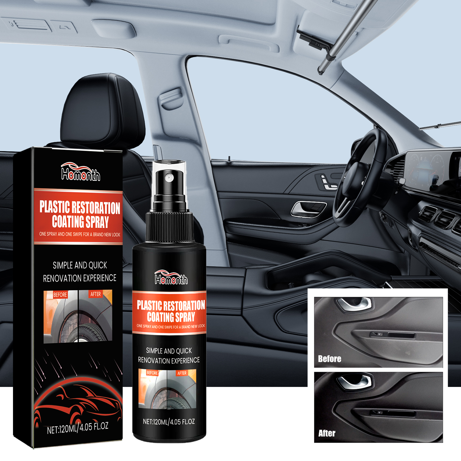 Restored dark vehicle door panel beside spray bottle