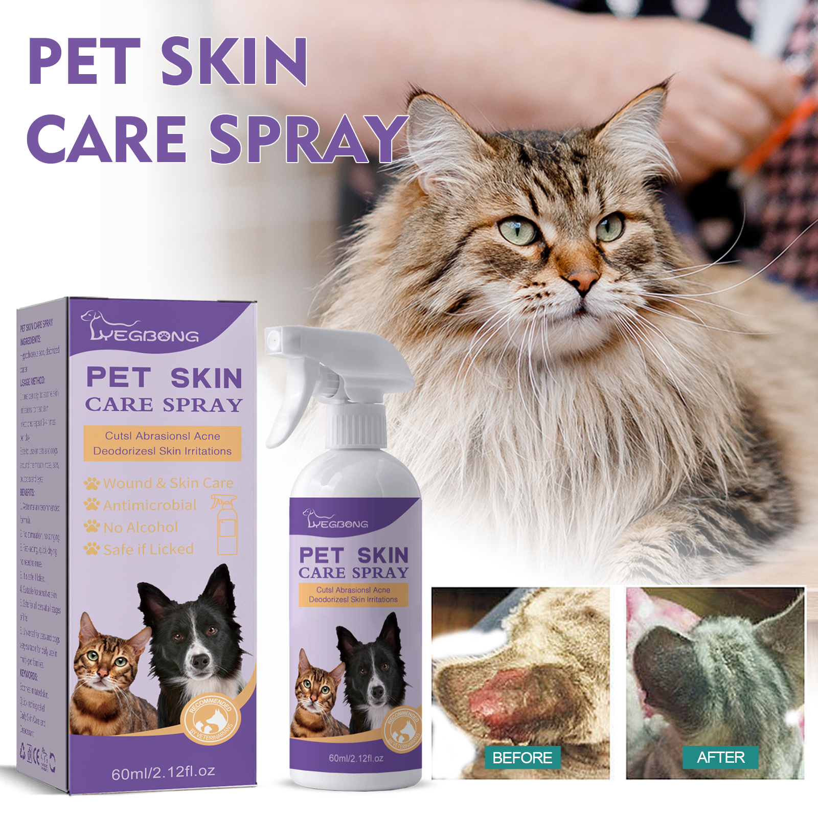 White alcohol-free pet skin spray and carton detail