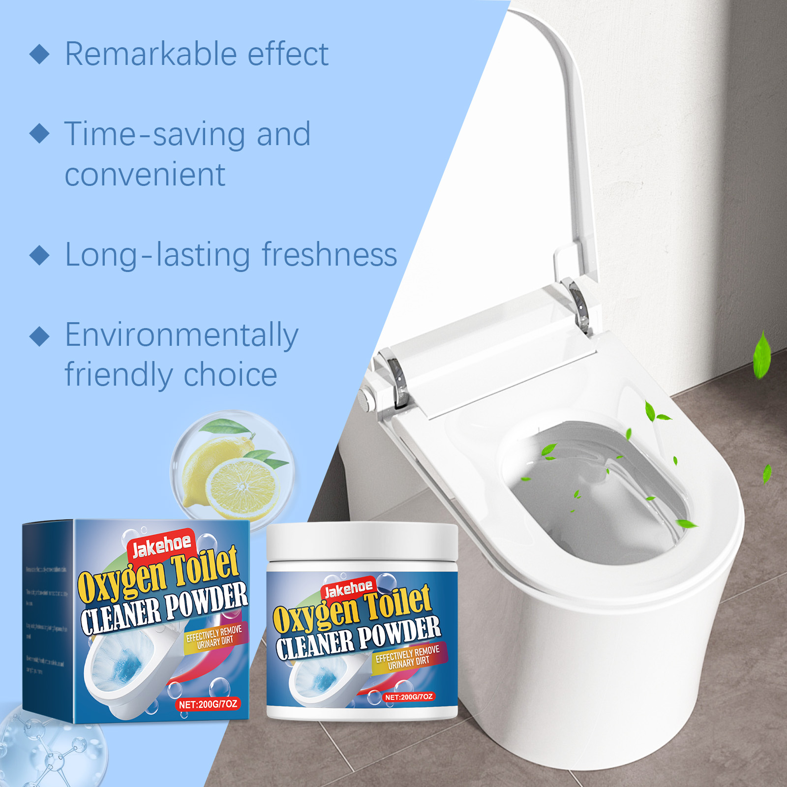 Clean bathroom scene with toilet cleaning powder
