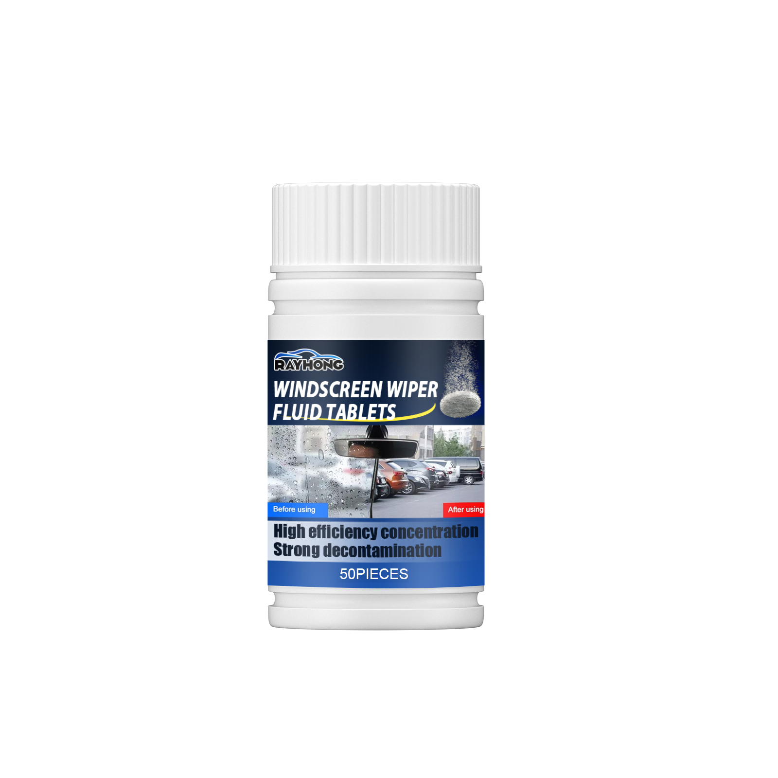 Automotive windshield tablet bottle with blue label