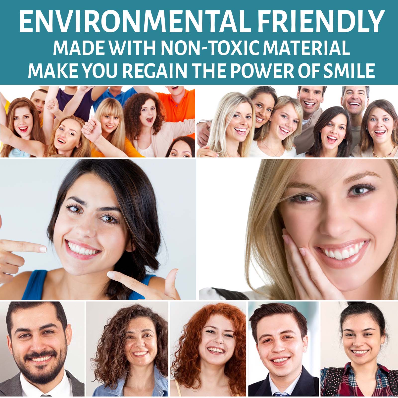 Smooth white denture pieces shown in adult smile imagery