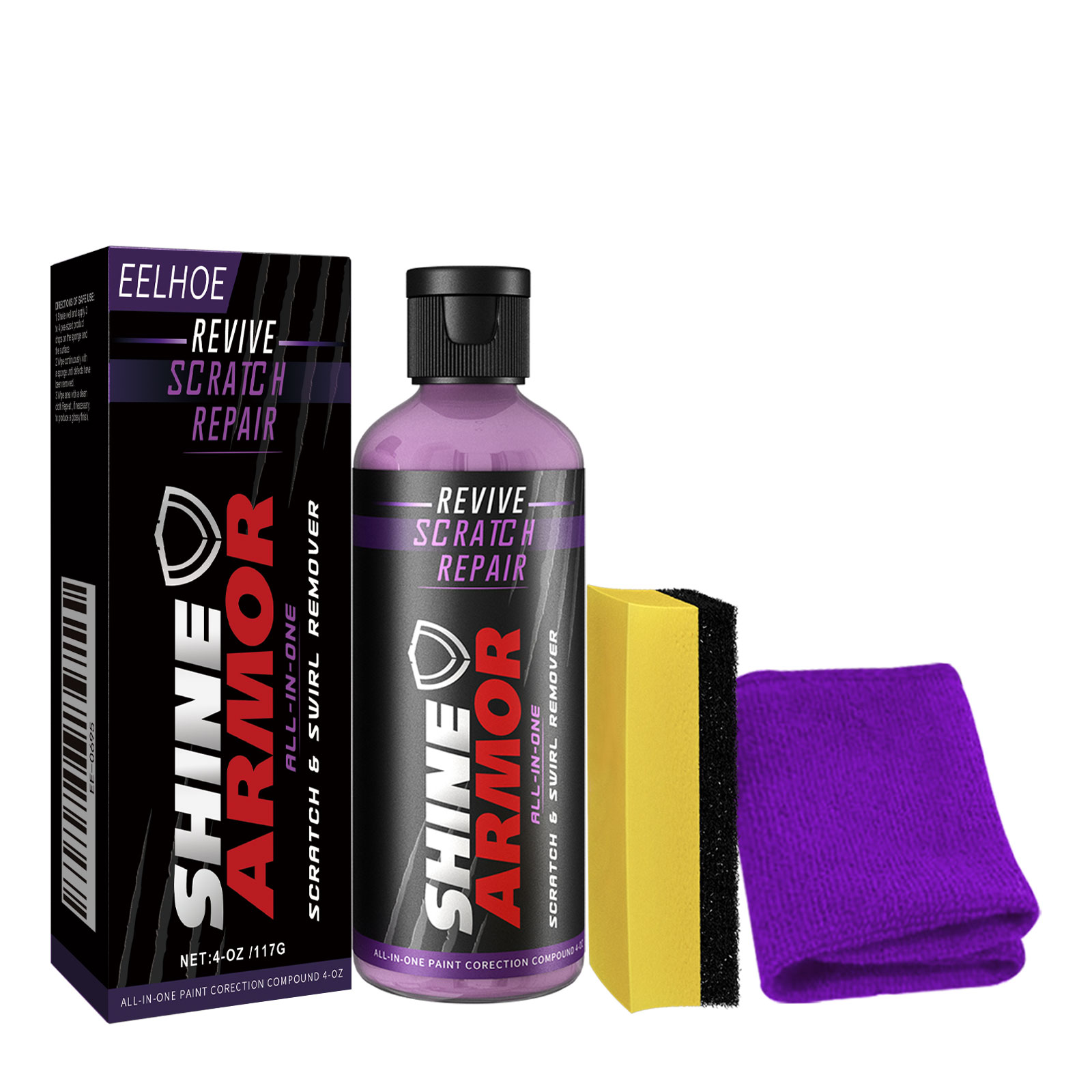 Boxed automotive scratch repair liquid kit contents