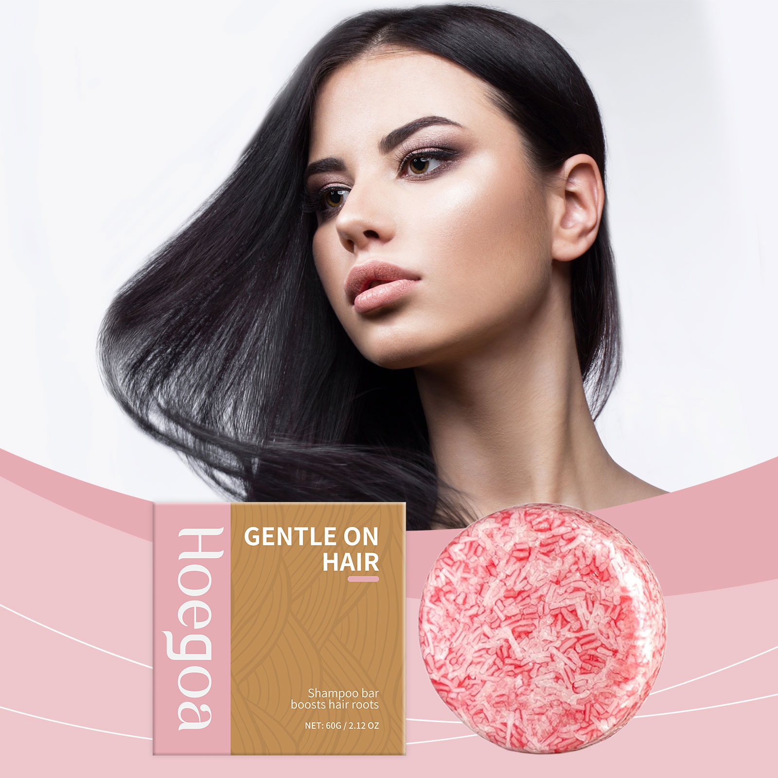 Woman with smooth dark hair beside shampoo bar