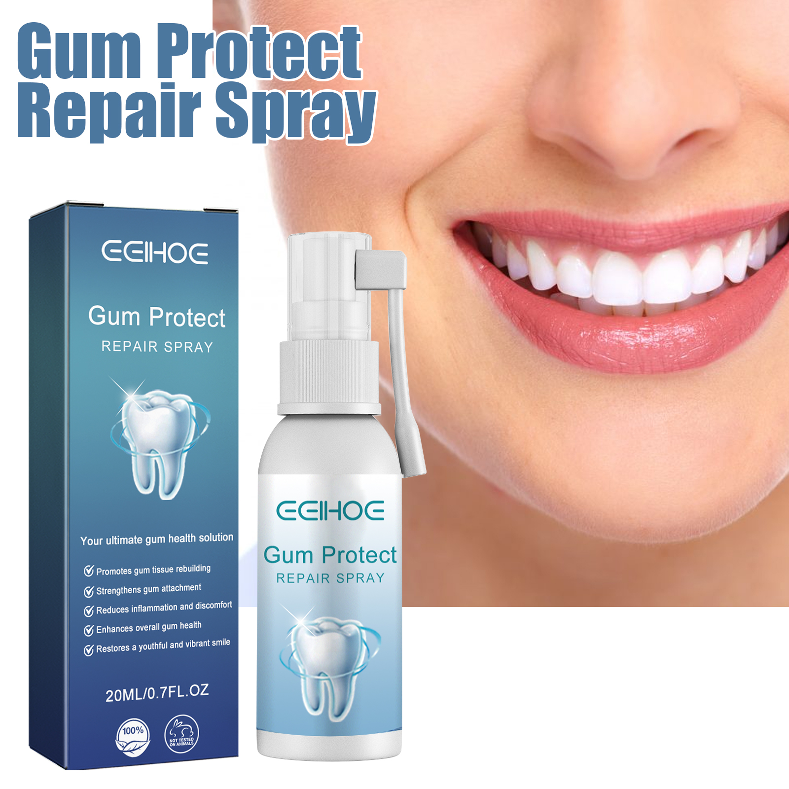 Portable gum spray beside a bright clean smile