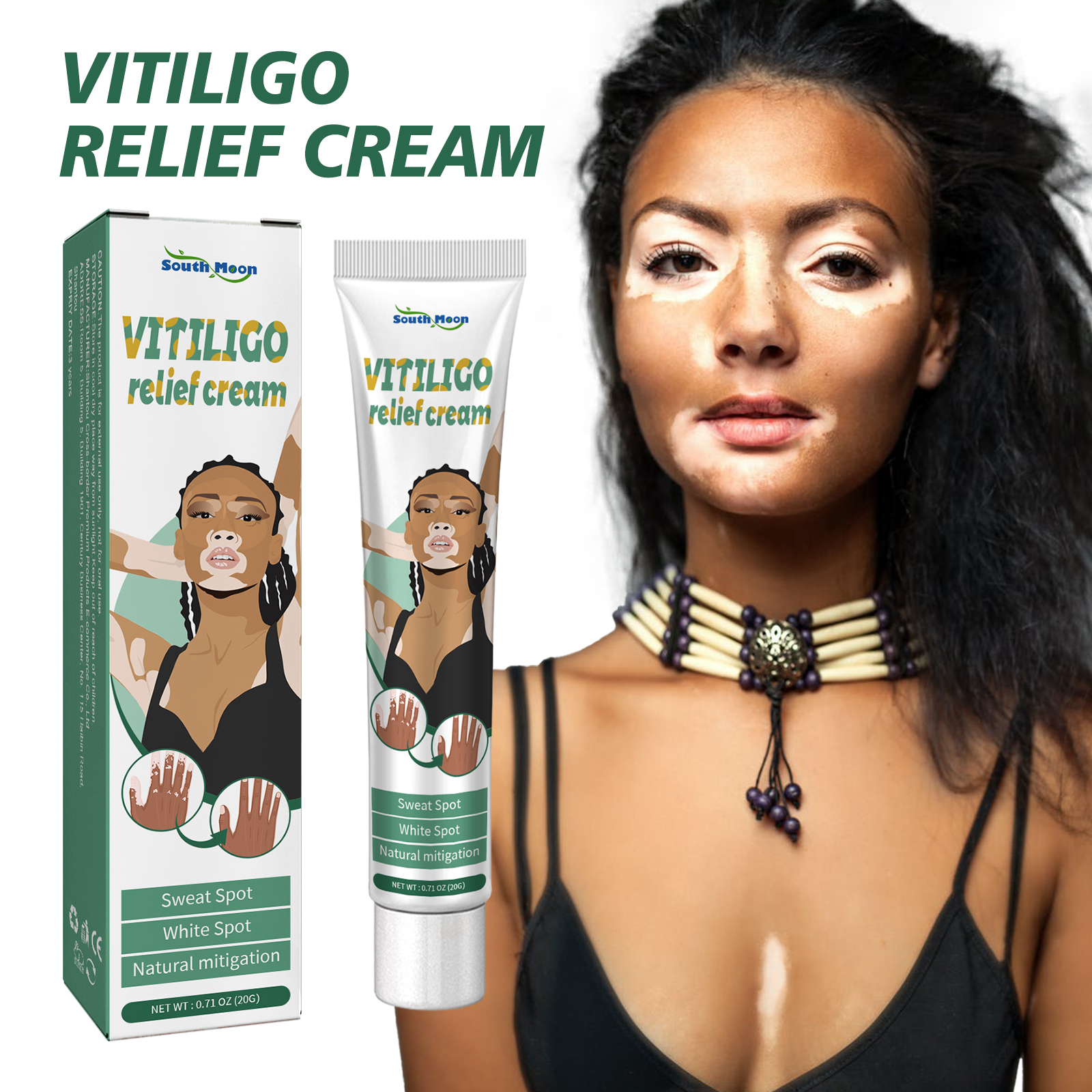 Woman with visible white patches beside topical care packaging