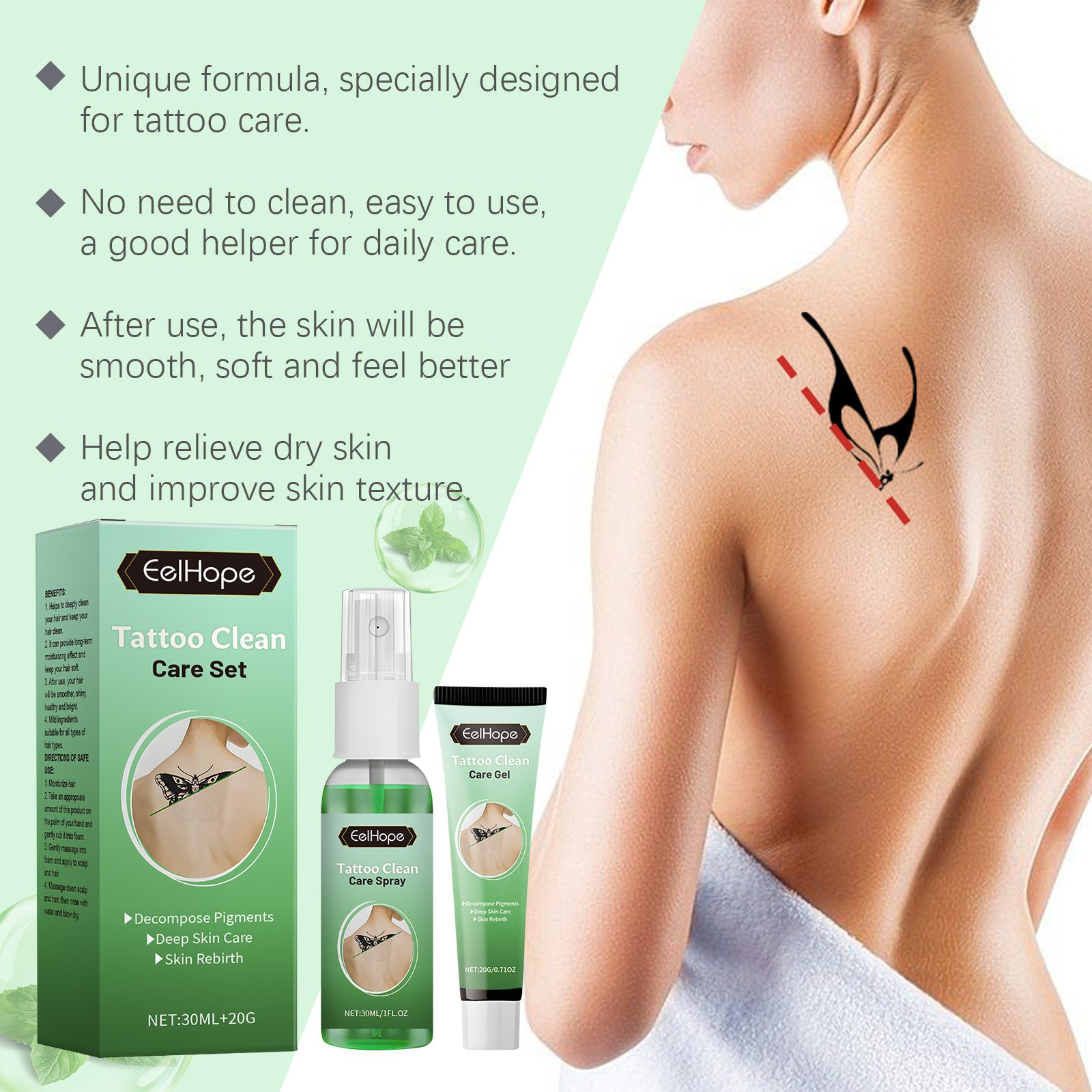 Tattoo care set beside illustrated dry-skin care benefits