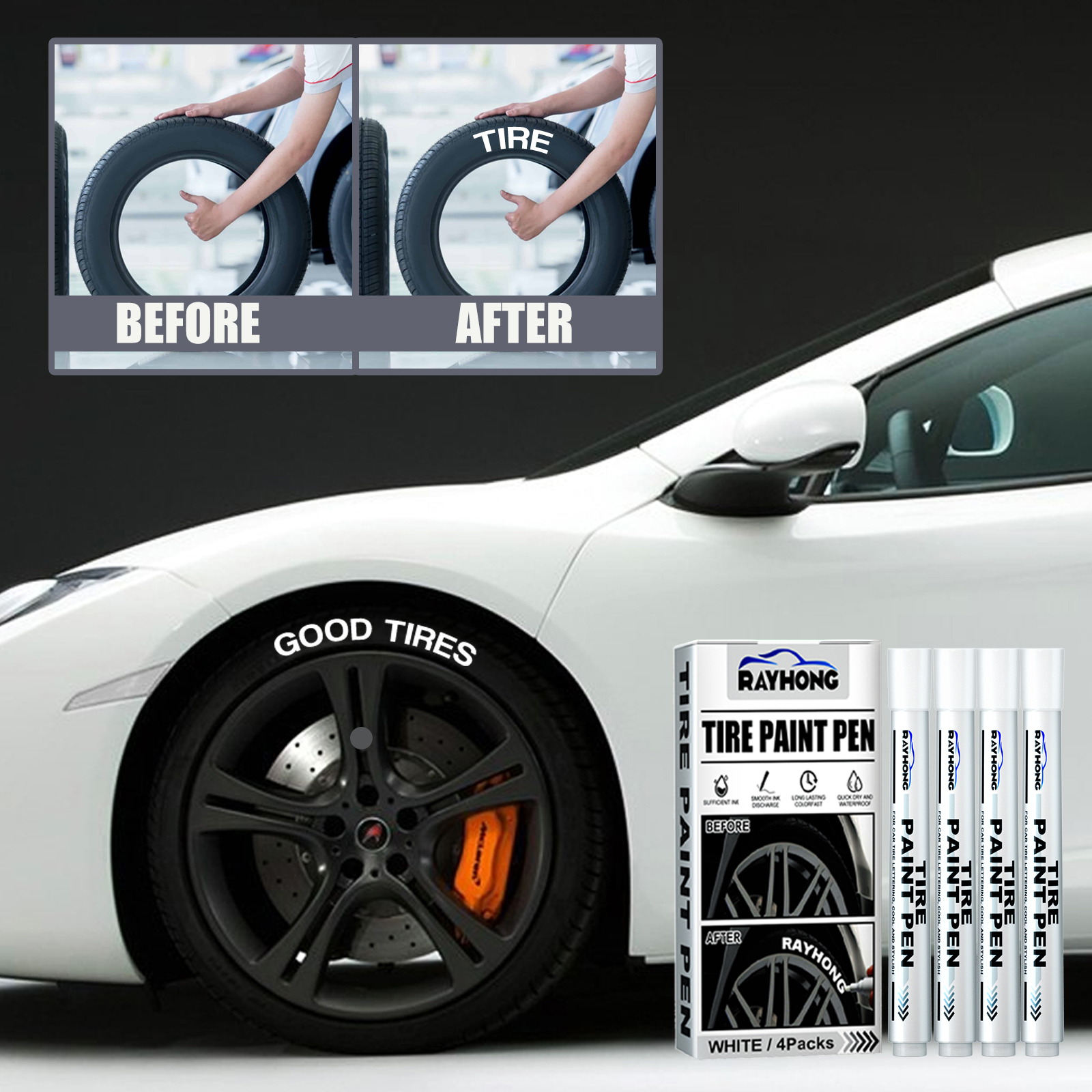 Styled vehicle with white tire lettering