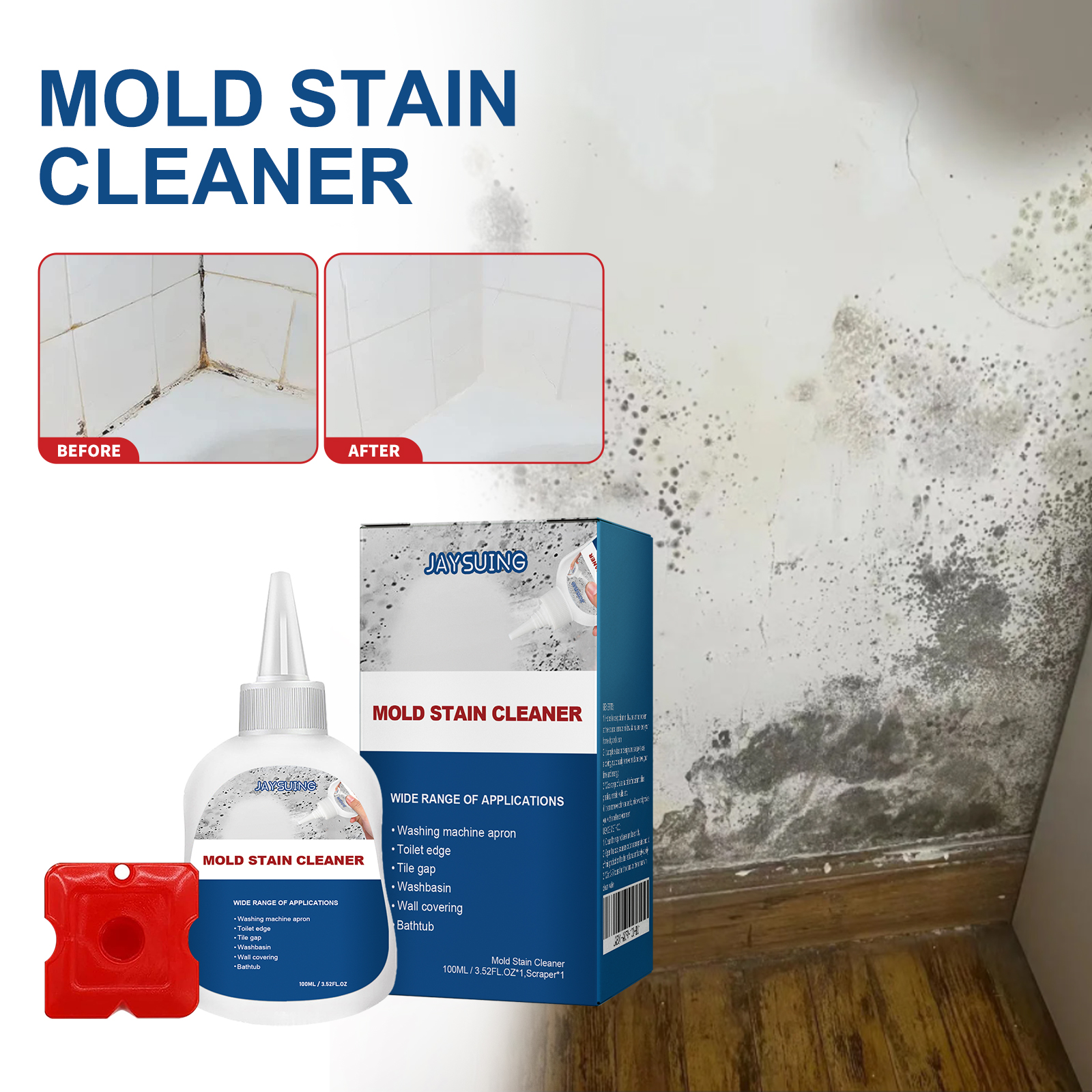 Red cleaning scraper shown beside treated mold-stained surfaces