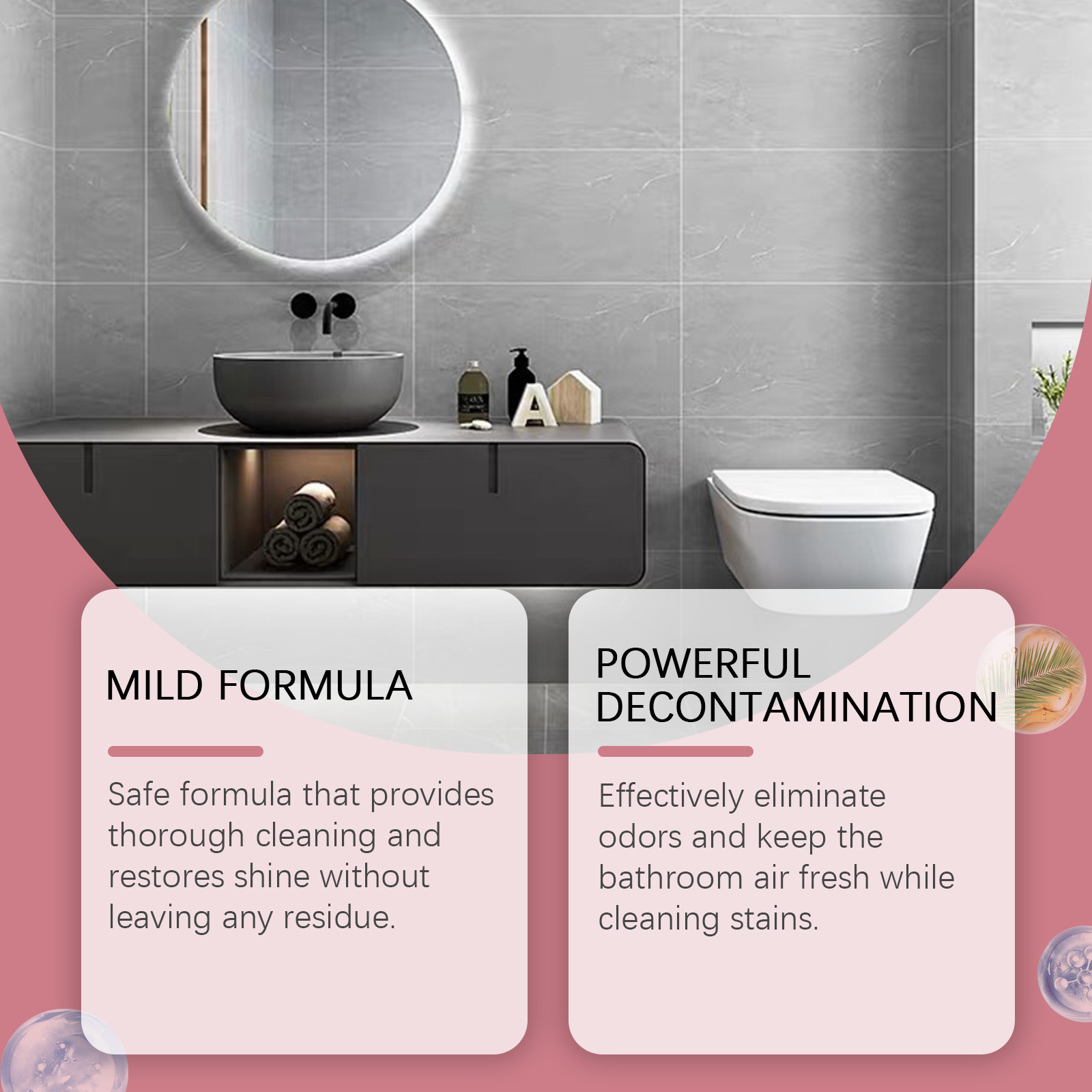 Mild formula cleaner packaging beside bathroom surfaces