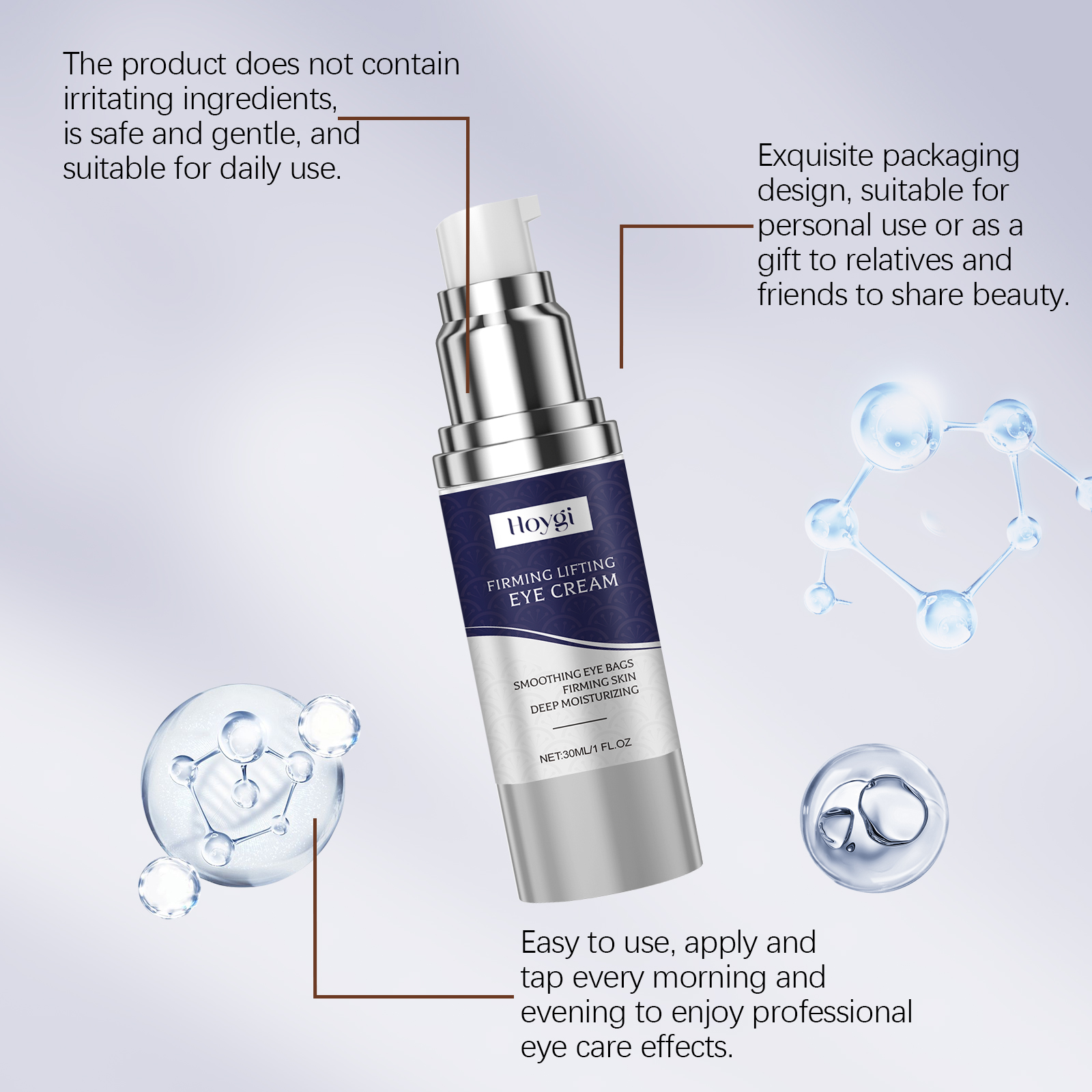 Silver pump bottle showing clean eye cream dispensing