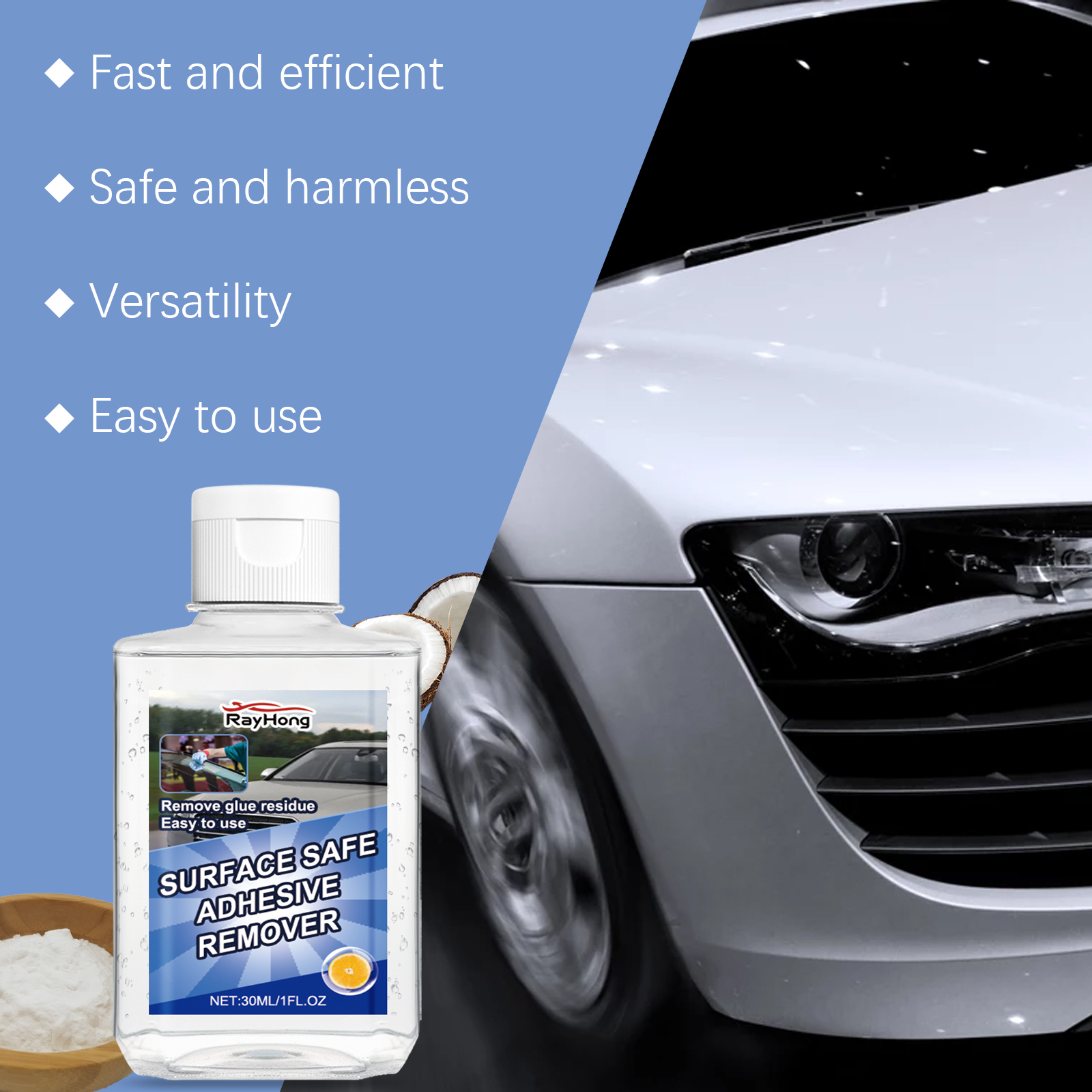 Adhesive remover beside clean vehicle paint