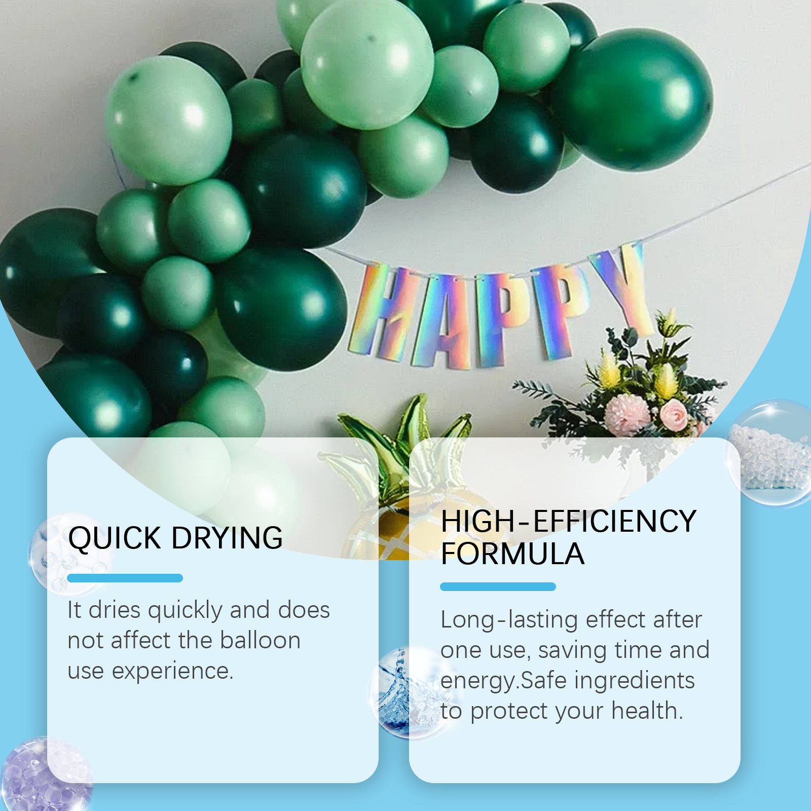 Balloon arch with quick-drying spray performance callouts