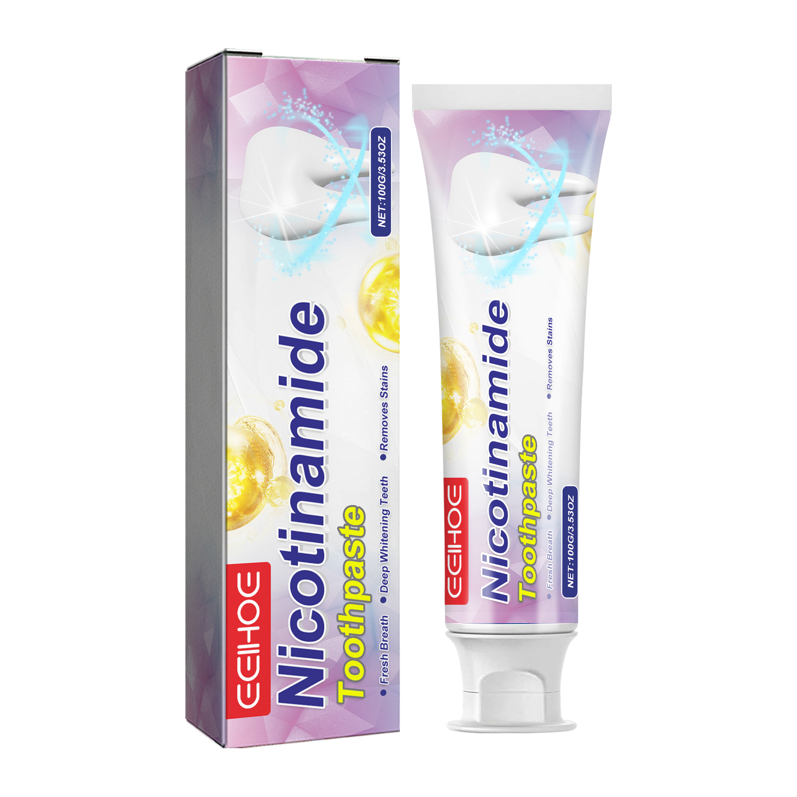 Niacinamide toothpaste tube and box showing glossy product details