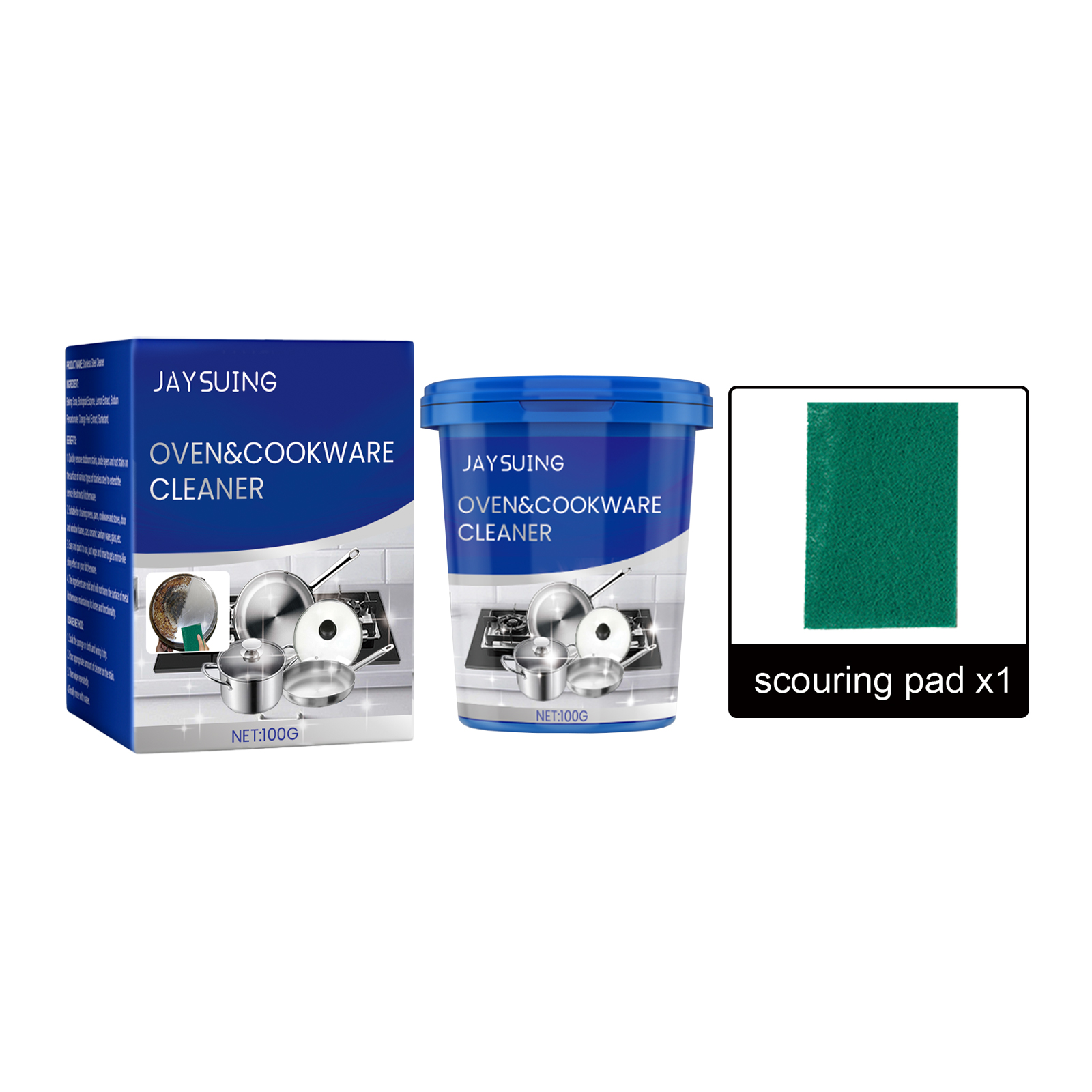 Cleaner tub, box, and green scouring pad together