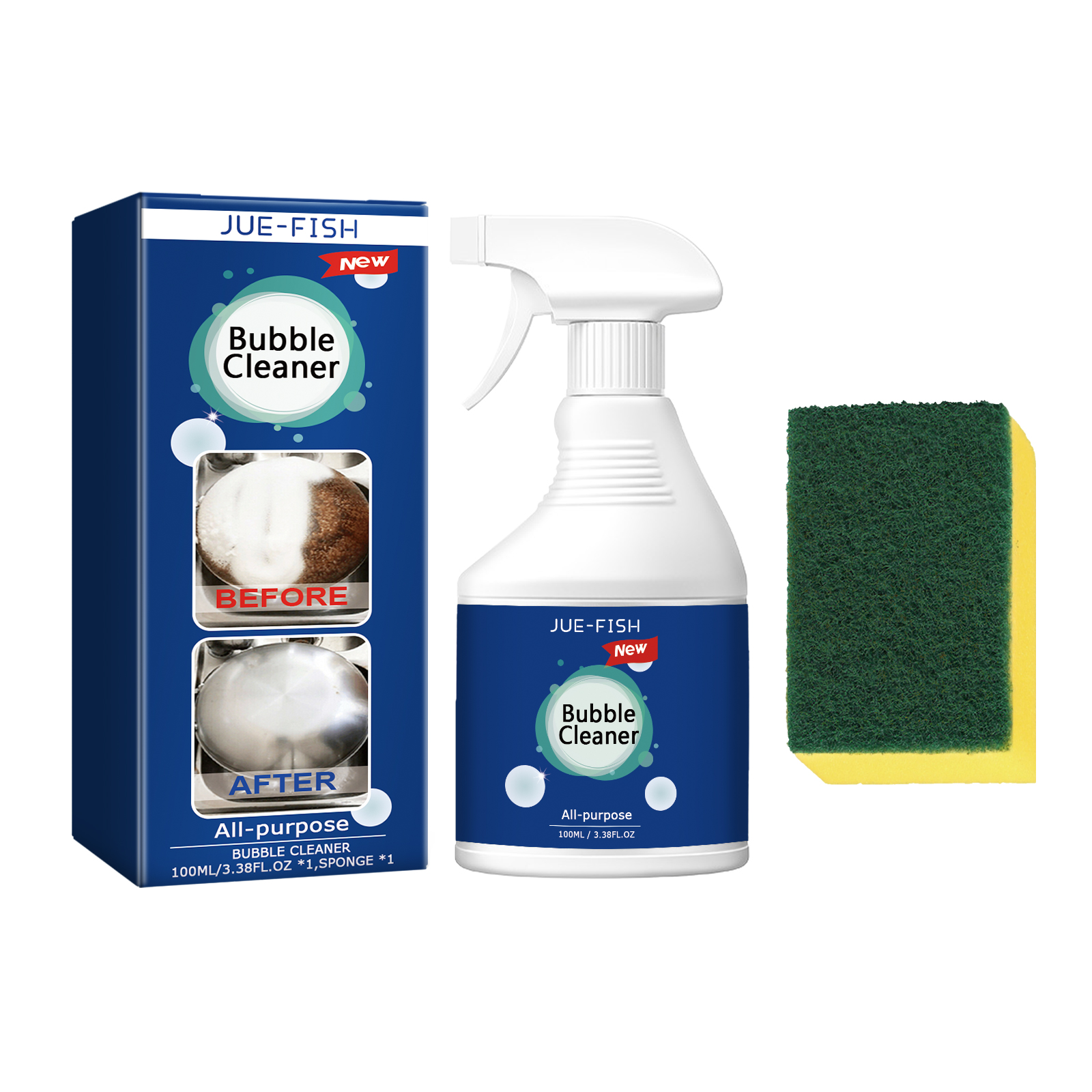 Foaming cleaner bottle with dark blue label