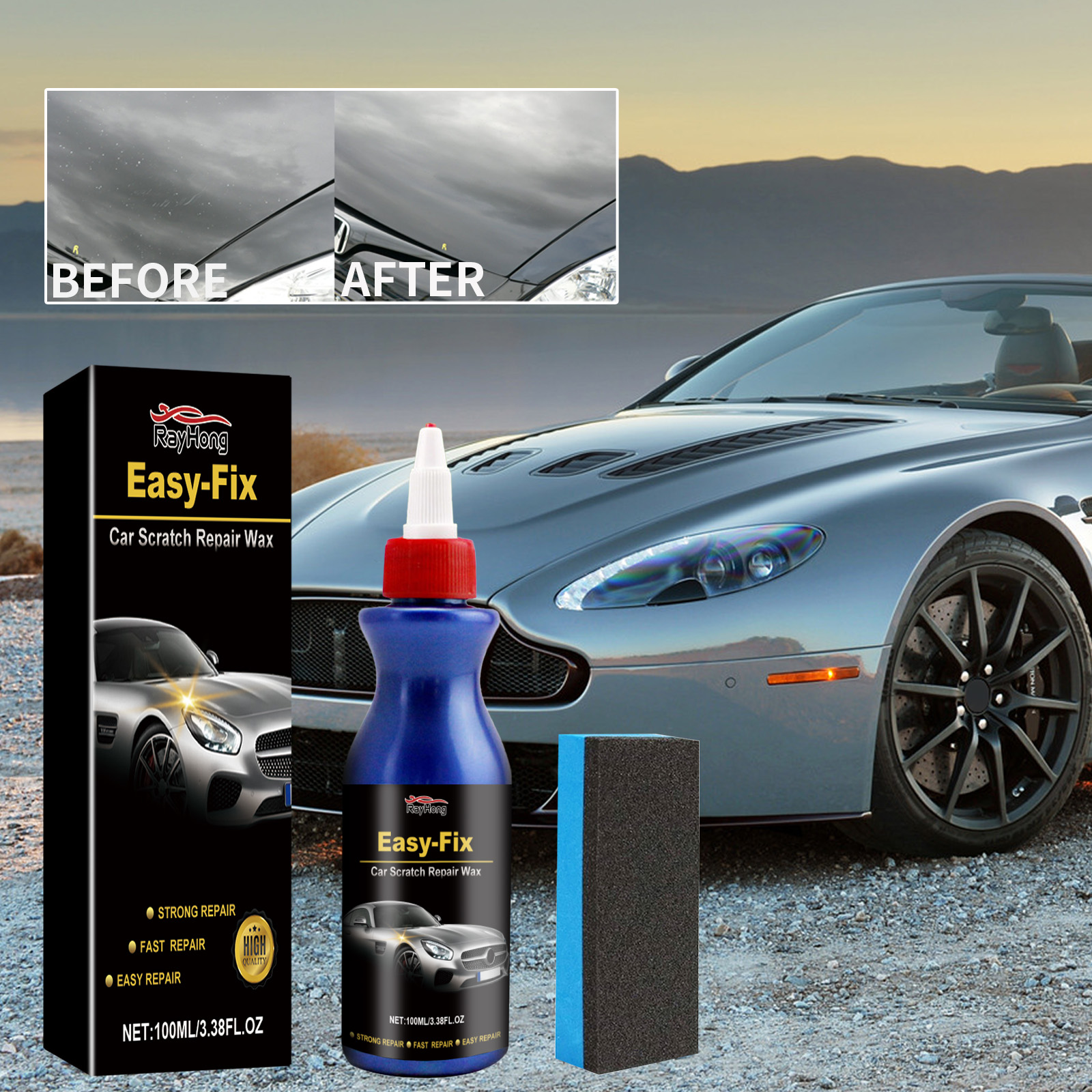 Before and after vehicle finish with scratch repair wax