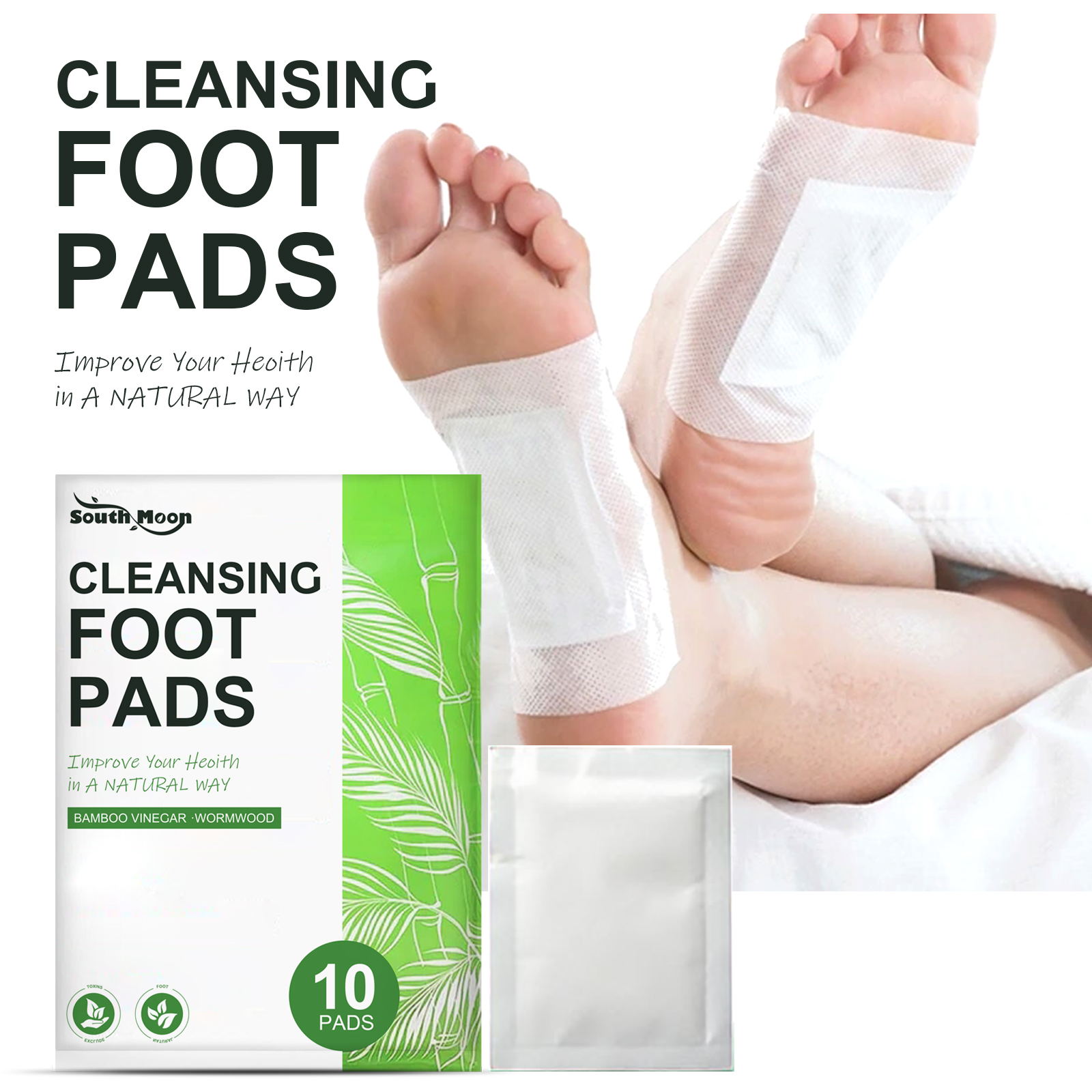 Soft white fabric foot pad applied to the sole of a foot while resting on white sheets