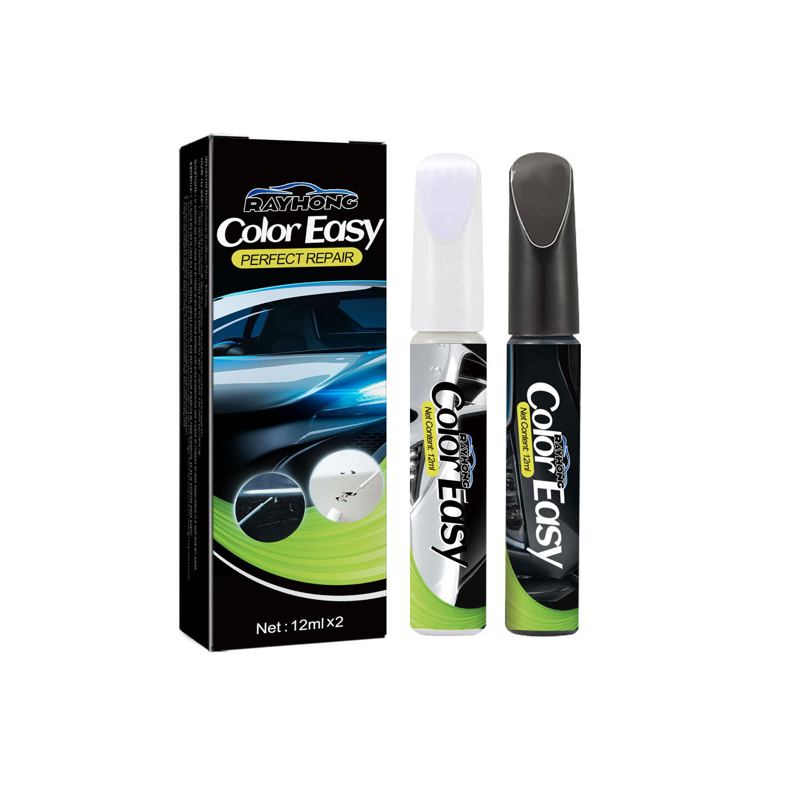 Two applicator bottles beside boxed automotive kit