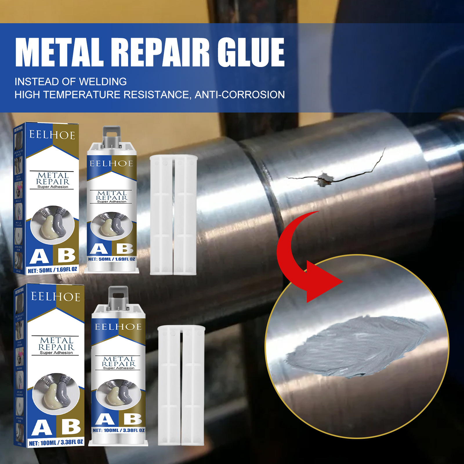 Filled and smoothed repair area on cracked metal pipe