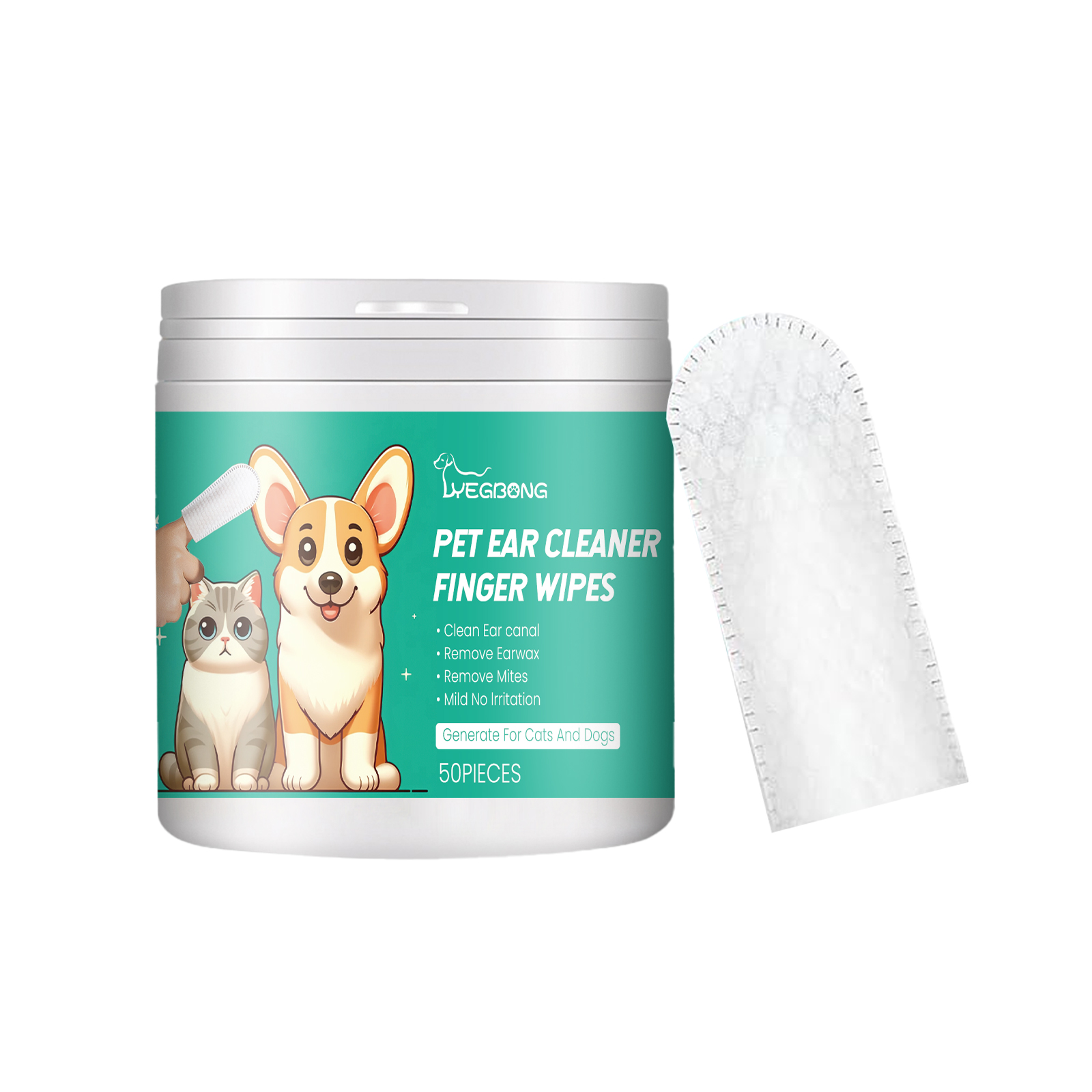 Finger-shaped wipe shown beside compact storage tub
