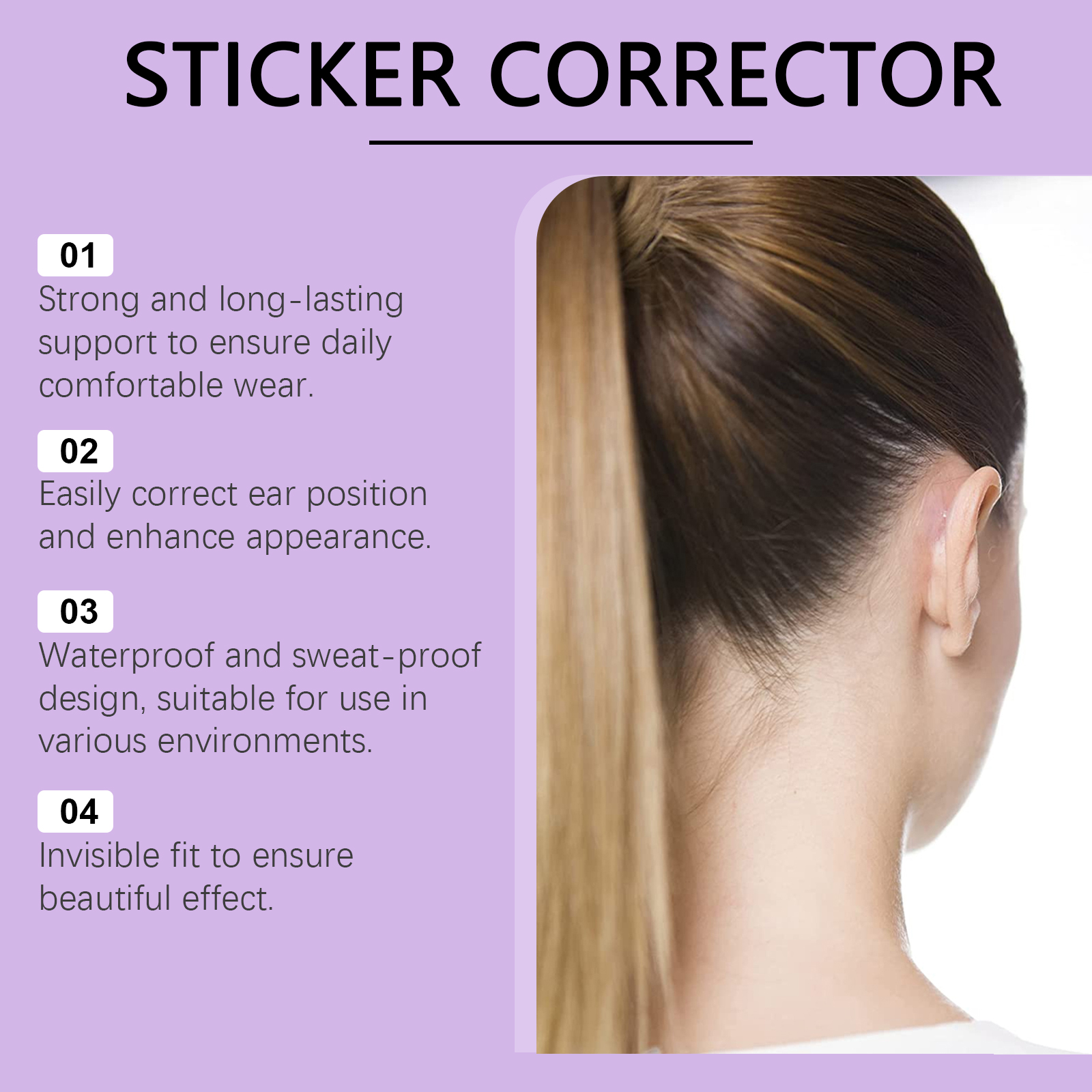 Ear corrector instruction graphic with silicone pad details