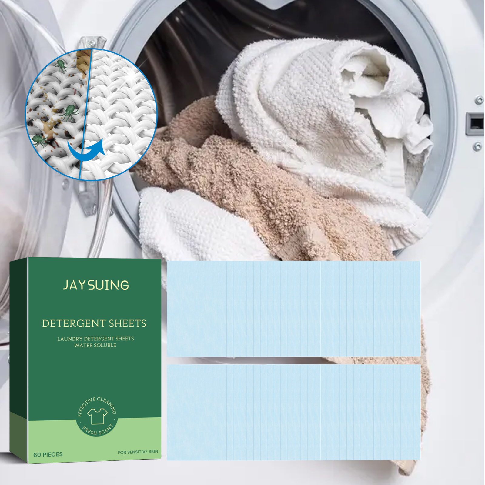 Compact detergent carton shown beside washing machine towels