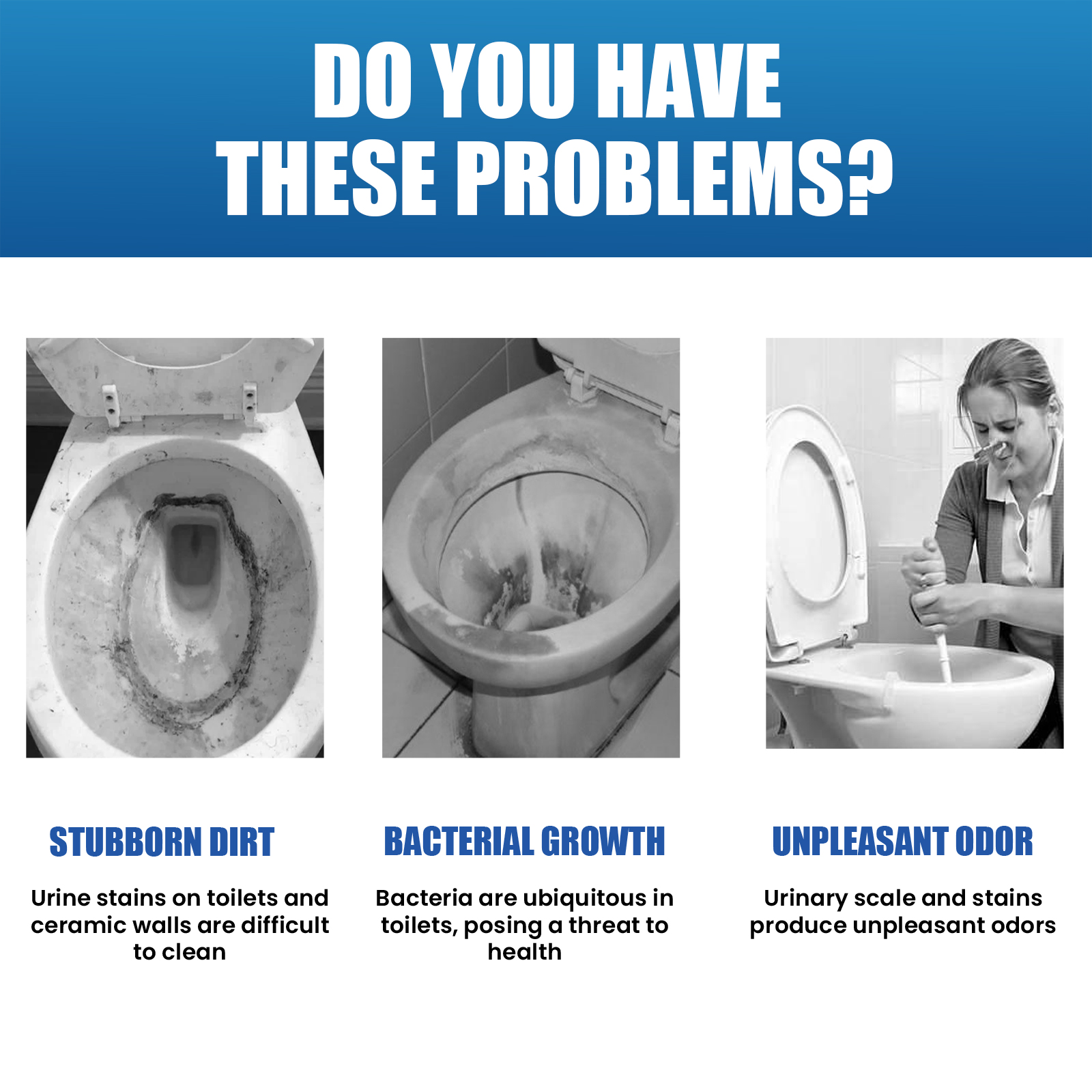Stained toilet bowl with visible odor and scale concerns