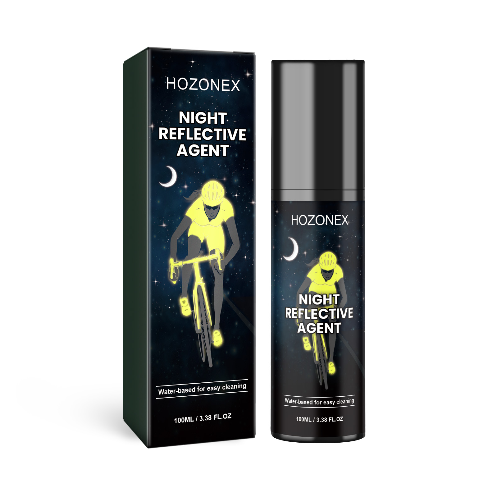 Compact reflective spray bottle beside fluorescent yellow box