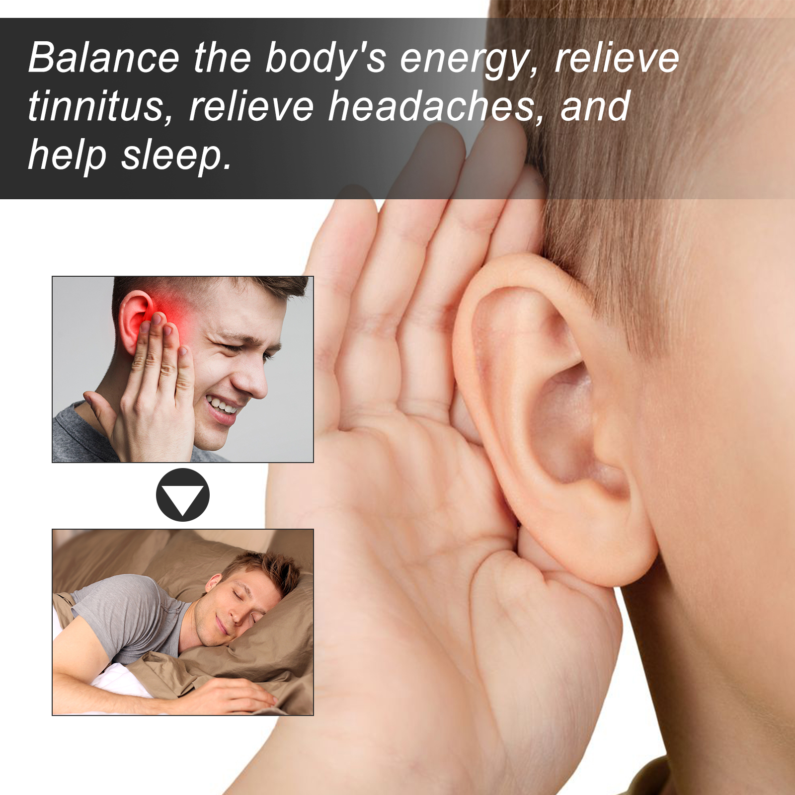Ear comfort imagery beside sleeping person