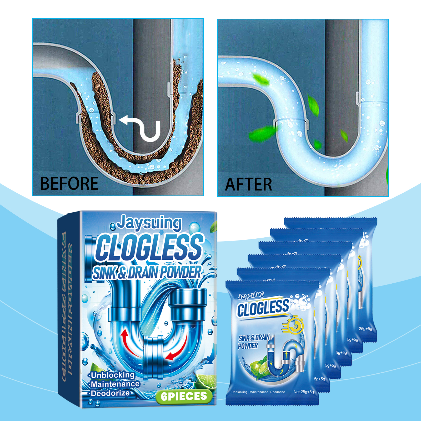 Before and after pipe graphic showing clearer drain flow