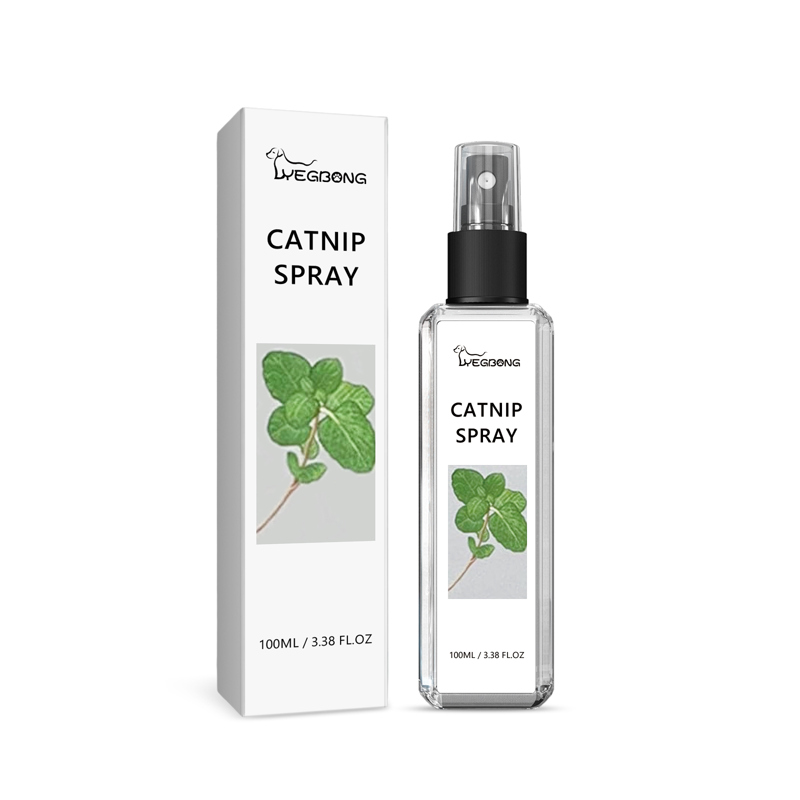 Clear catnip spray bottle with matching retail box