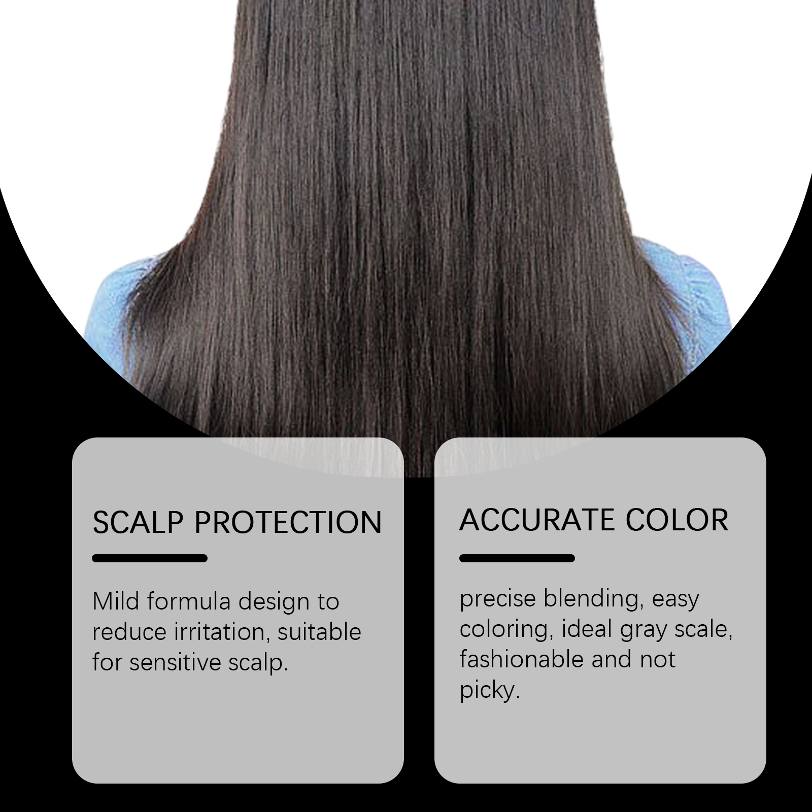 Close view of dark hair and scalp care packaging claims