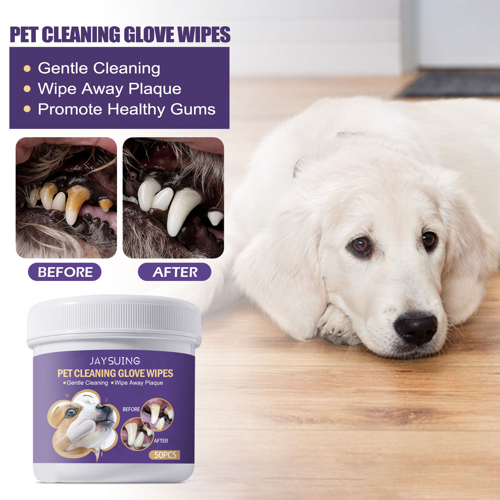 Dog dental care scene with glove wipe product tub