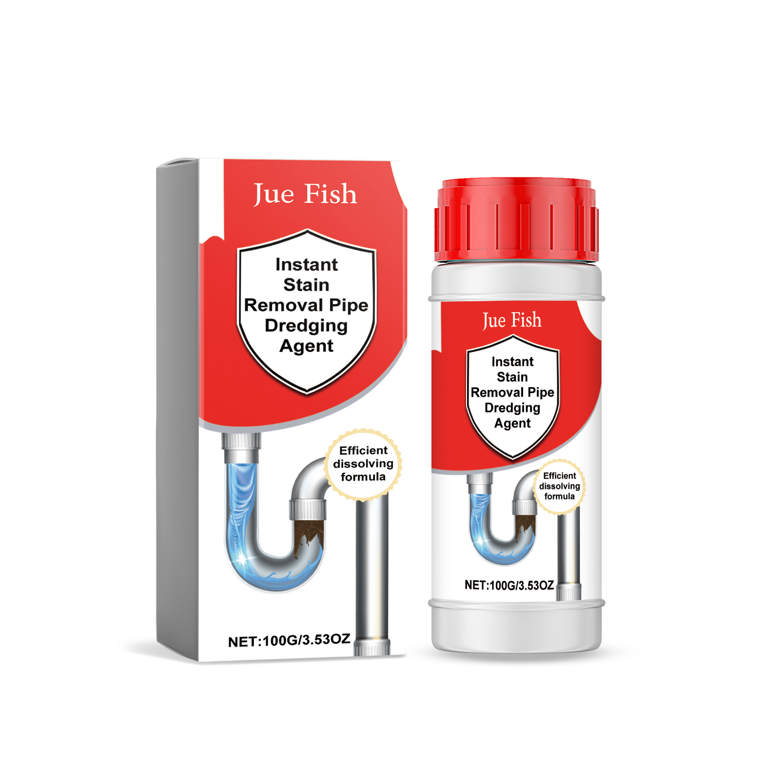 Close view of ribbed cap and boxed drain cleaner