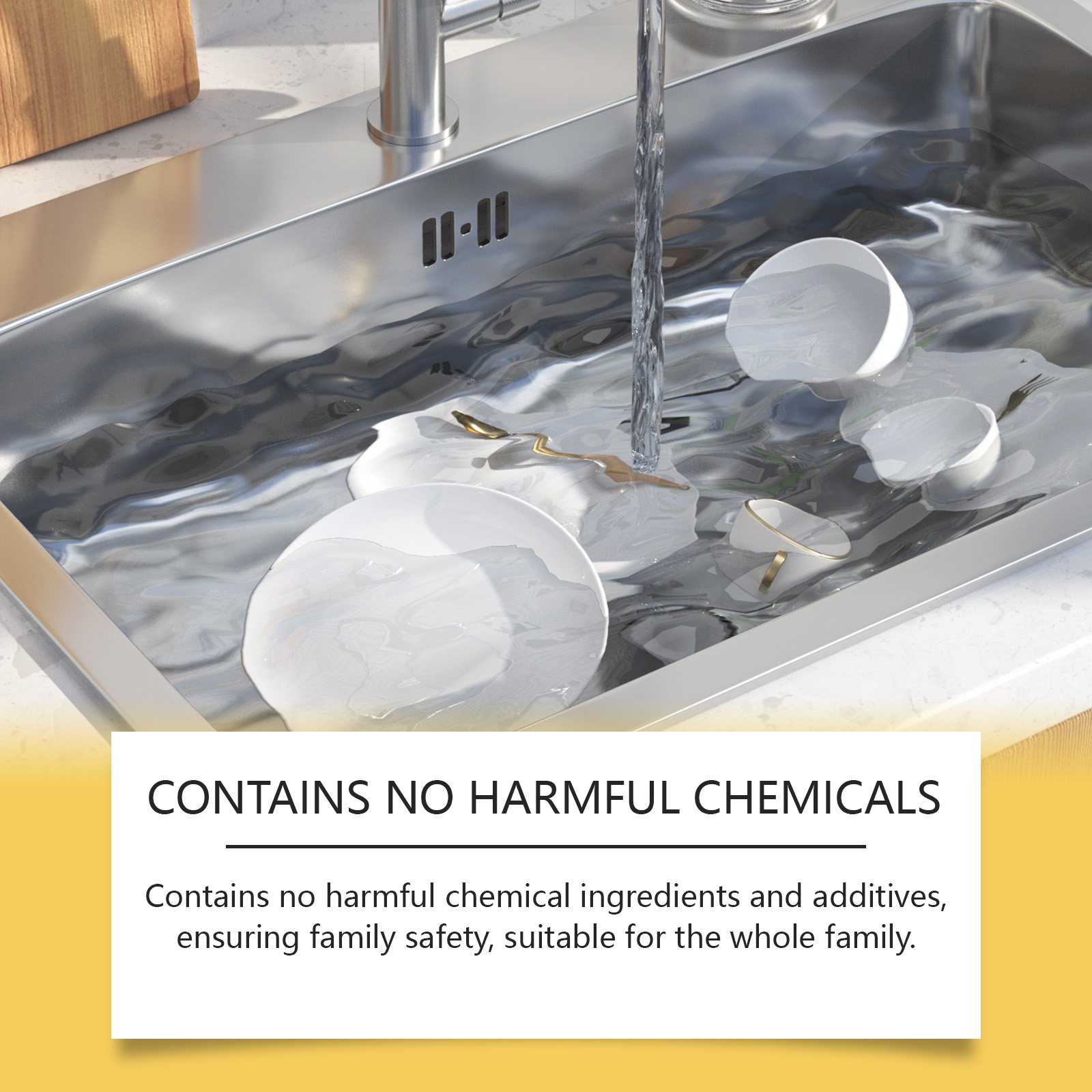 Dishes rinsed under faucet with cleaner nearby
