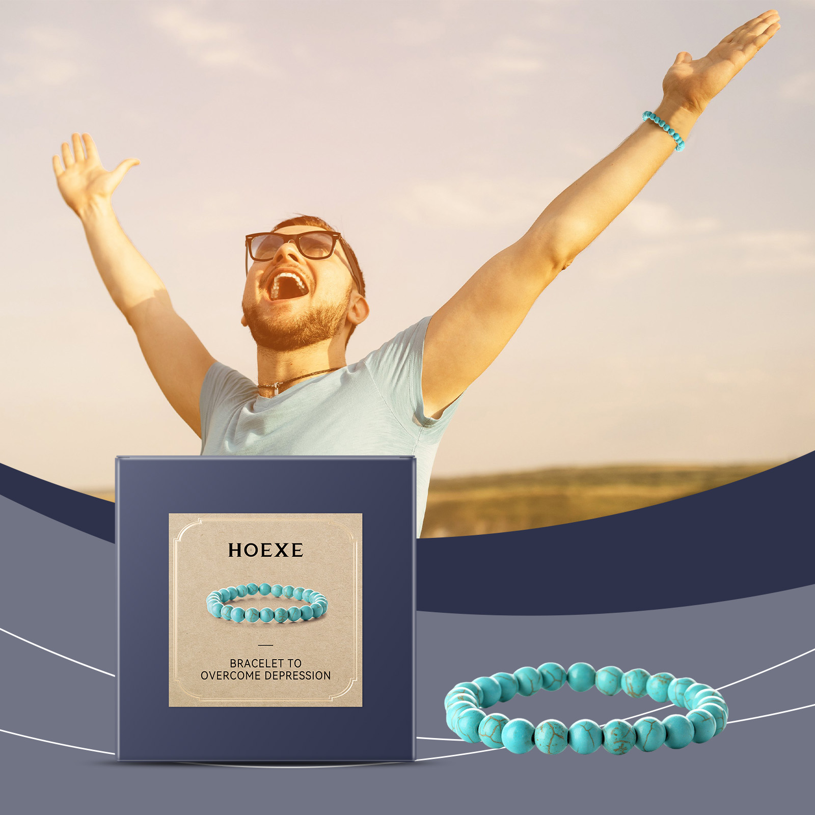 Turquoise bracelet worn outdoors on raised wrist