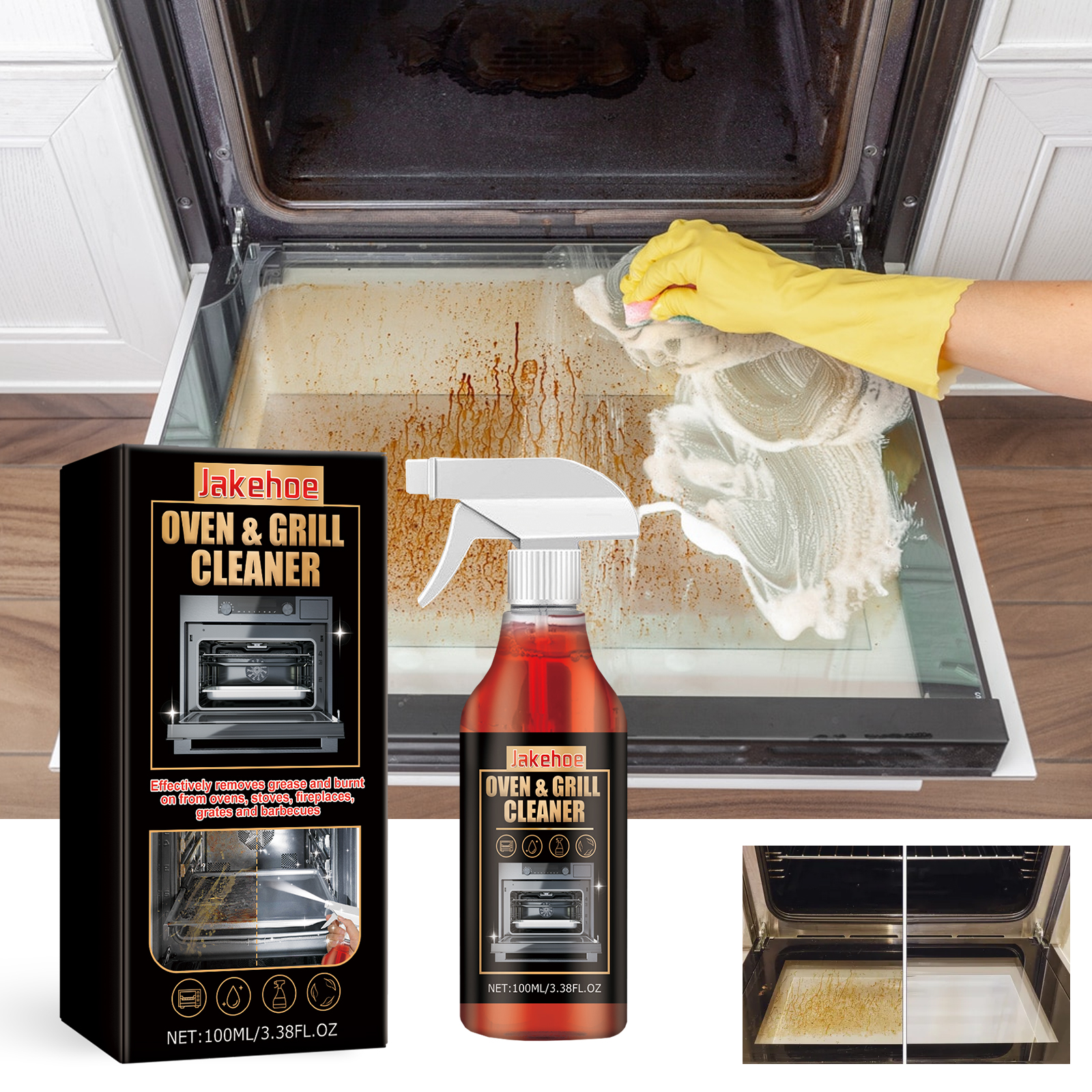 Cleaner being wiped from greasy oven surface