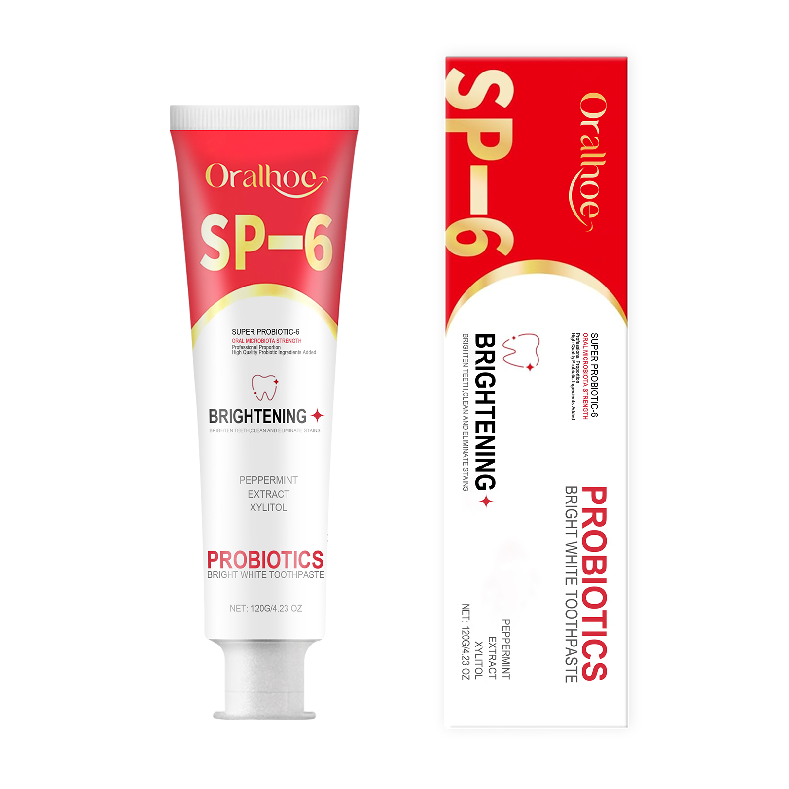 Toothpaste tube and carton showing brightening packaging claims