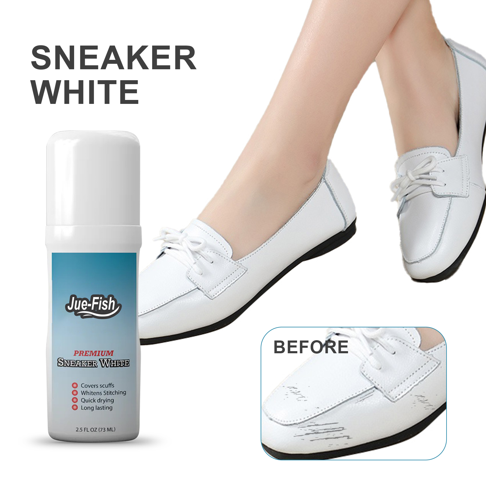 Before-and-after detail of a sneaker edge going from yellowed to bright white