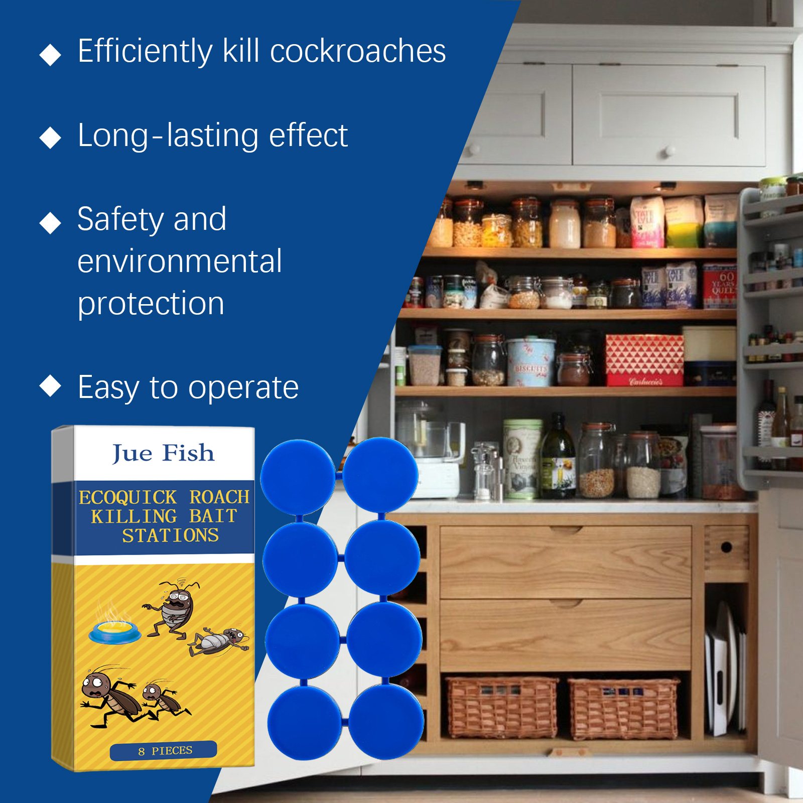 Cockroach bait station beside pantry storage area