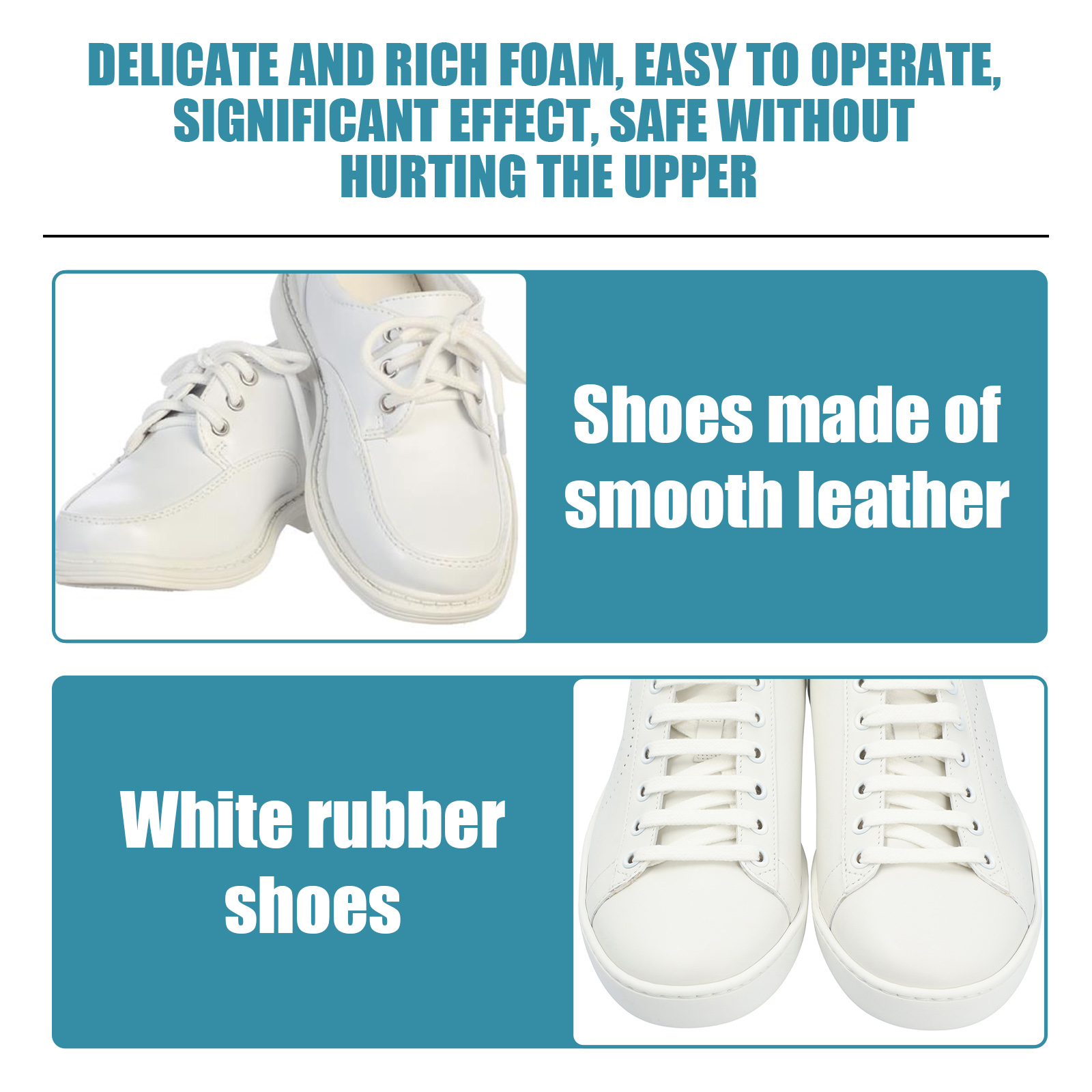 Foam cleaner graphic showing smooth leather and rubber shoes