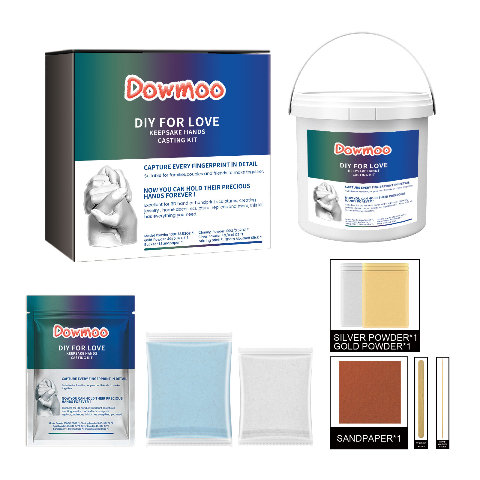 Open boxed kit with bucket powders sandpaper and tools