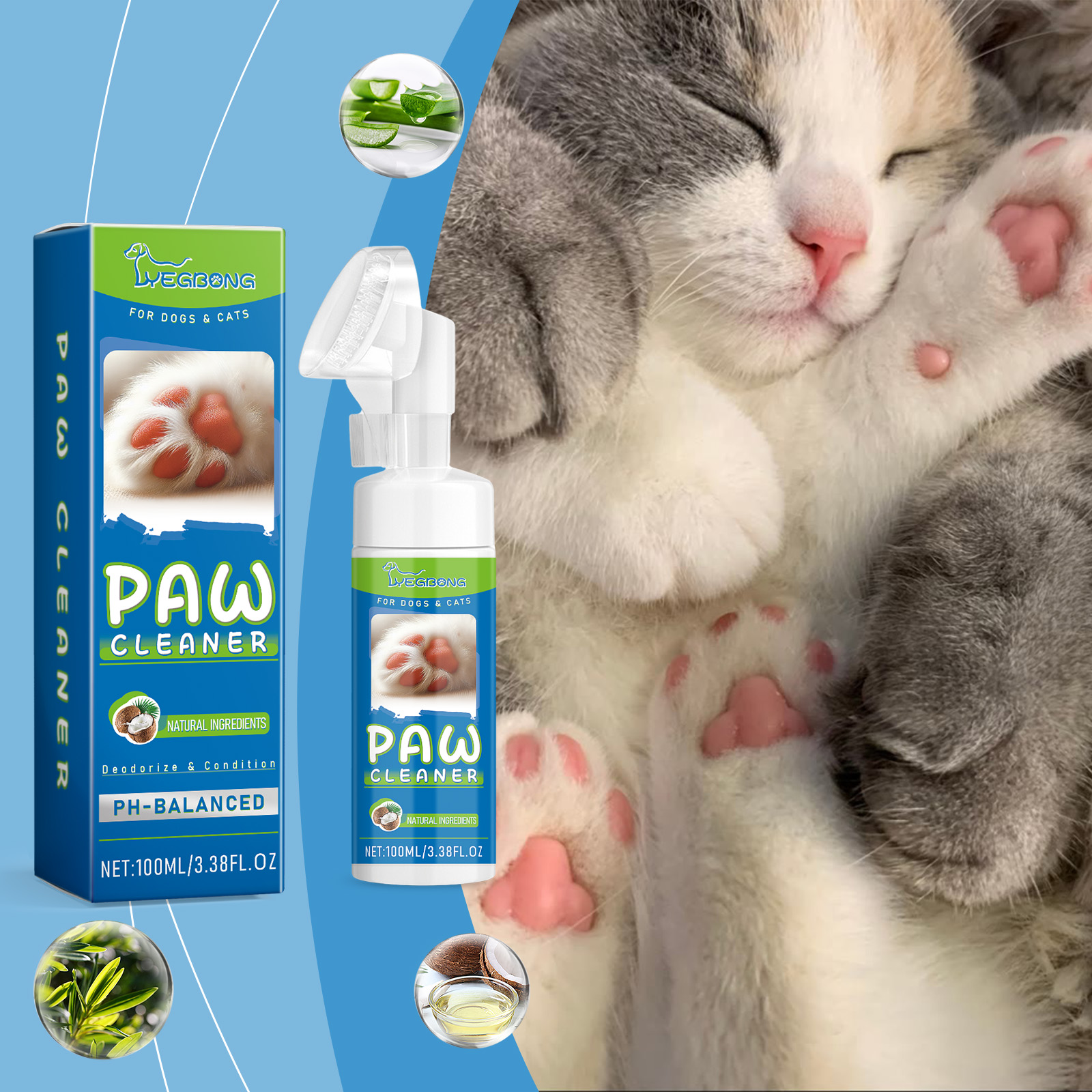Compact paw cleaner beside a relaxed cat