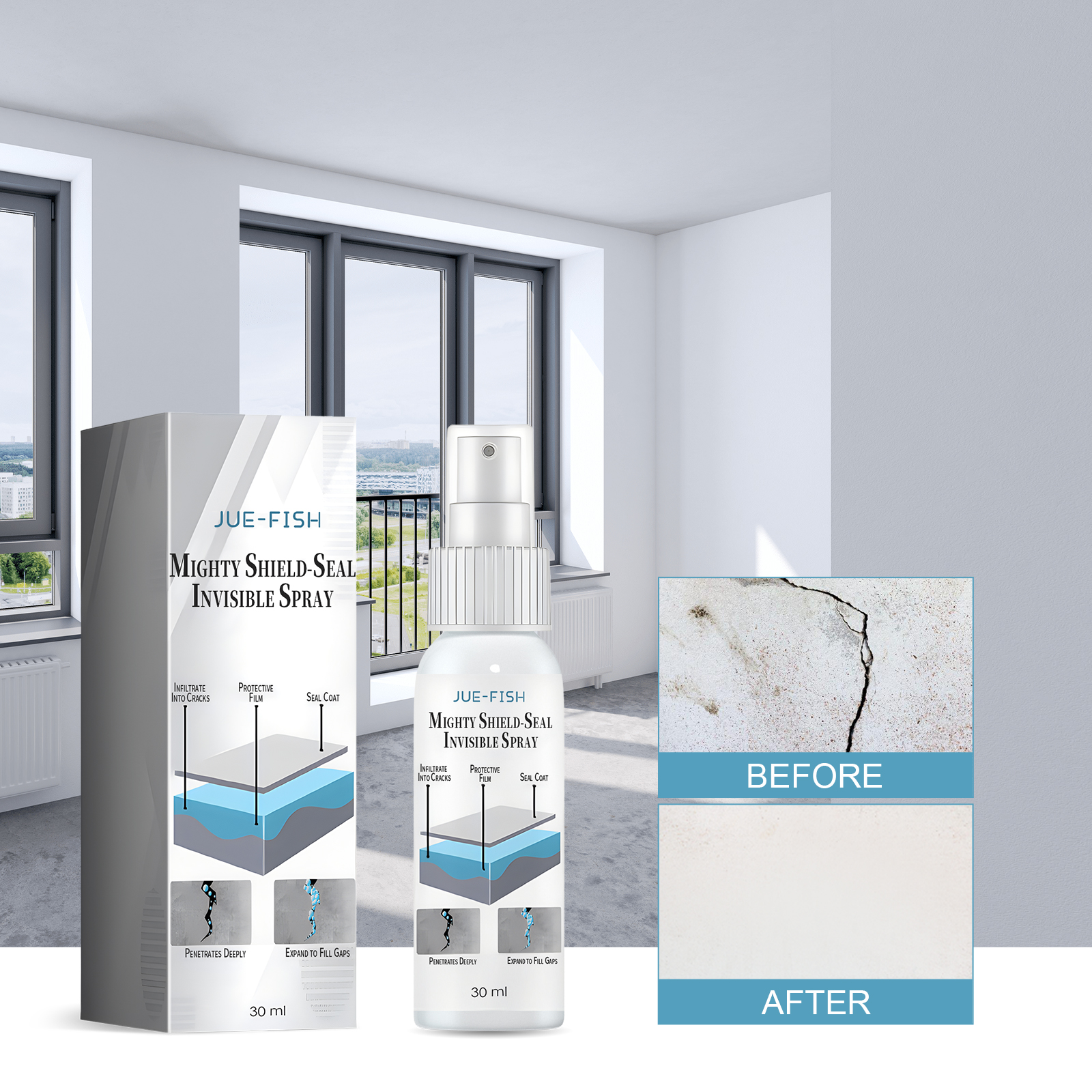 Compact waterproofing spray staged beside wall graphic