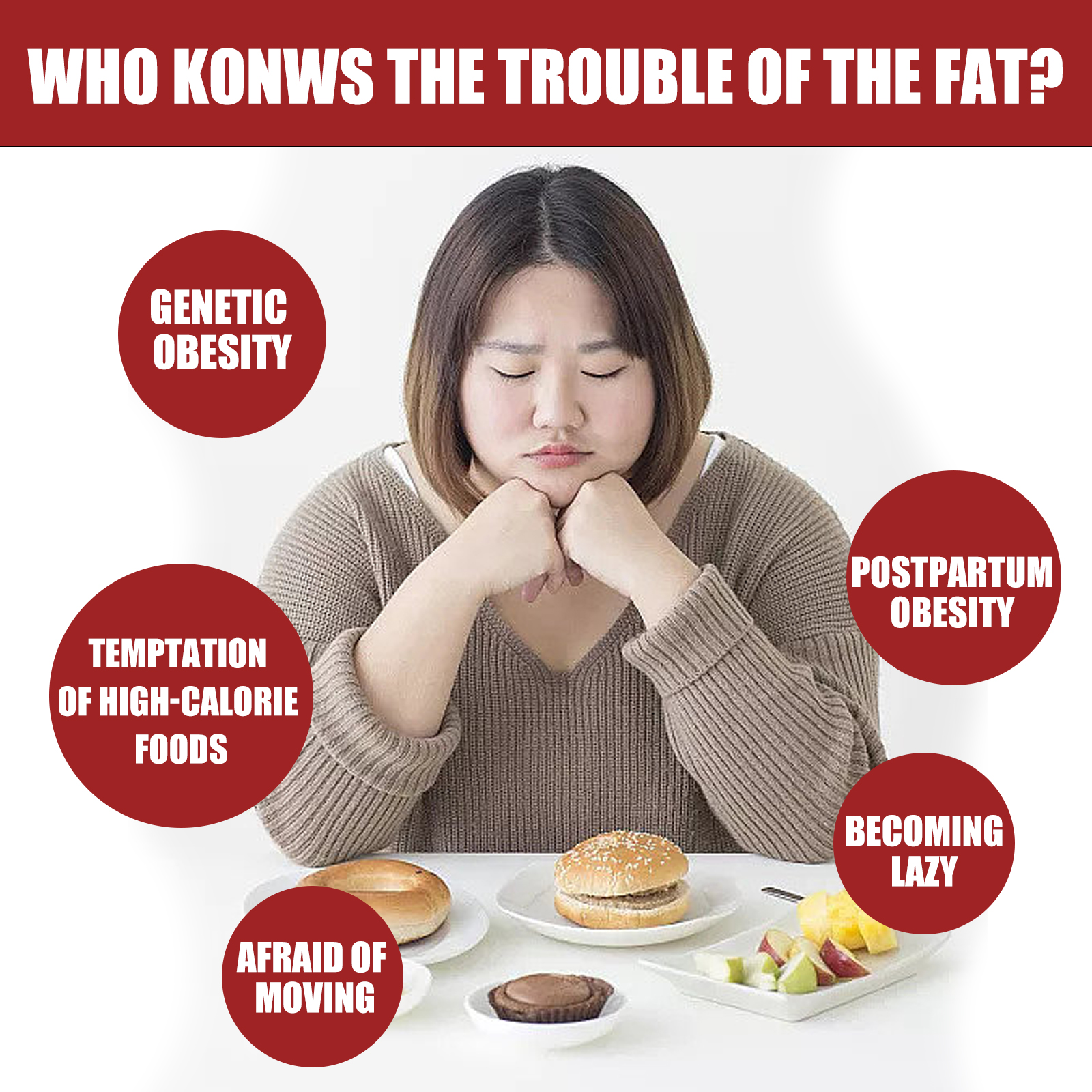 Woman considering body care beside high calorie foods