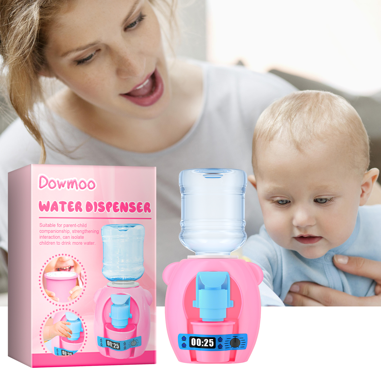 Parent and child beside pink dispenser and box