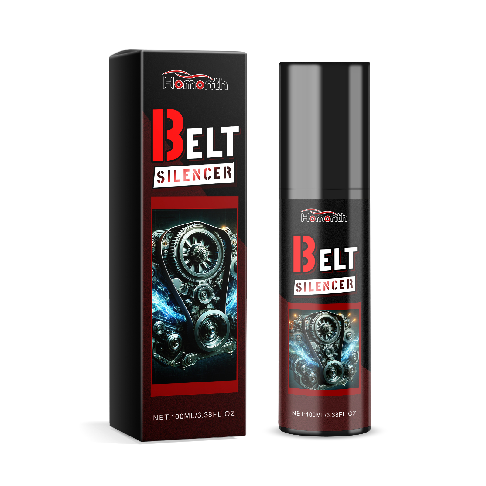 Belt Silencer spray can and automotive box front view
