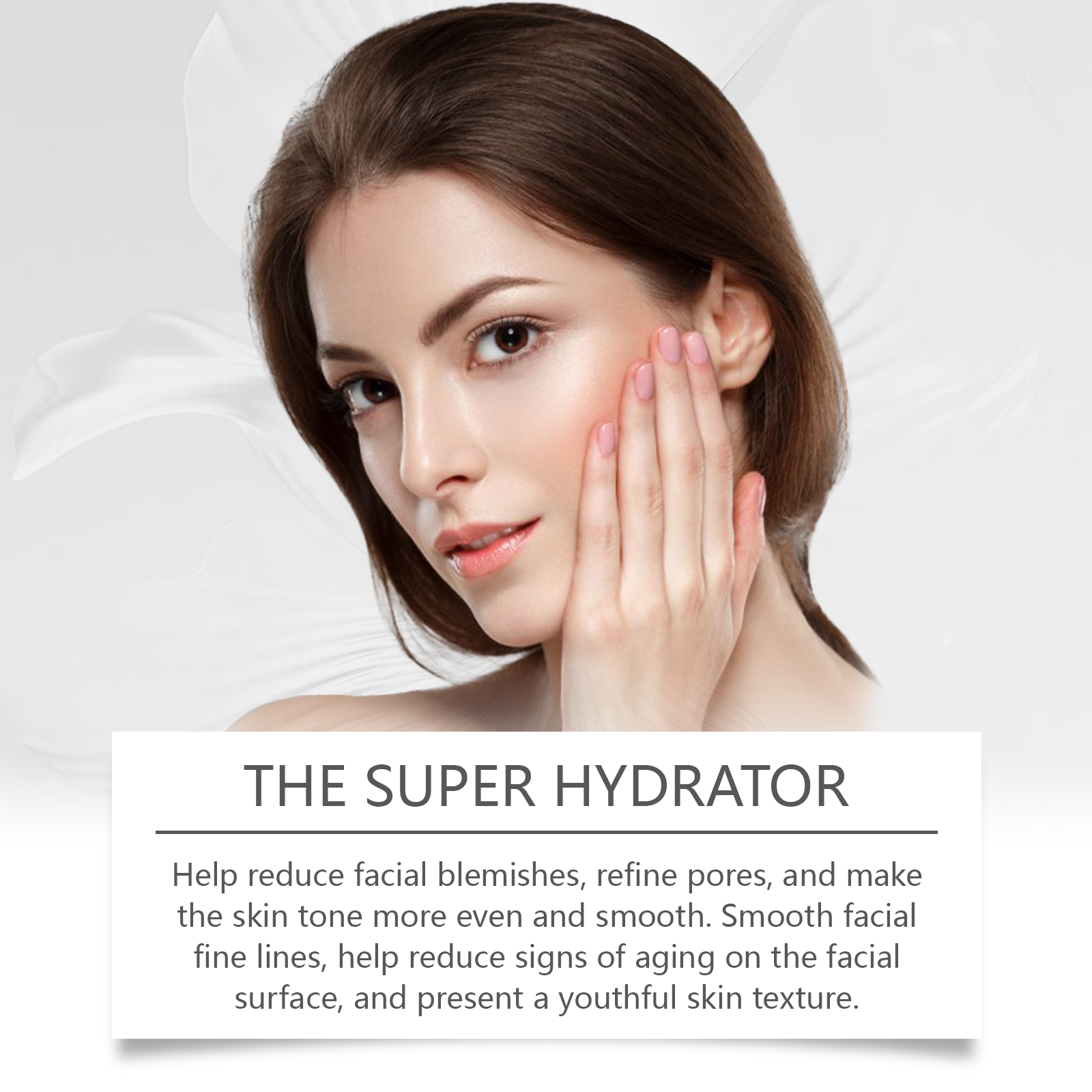 Essence bottle beside woman with smooth-looking skin